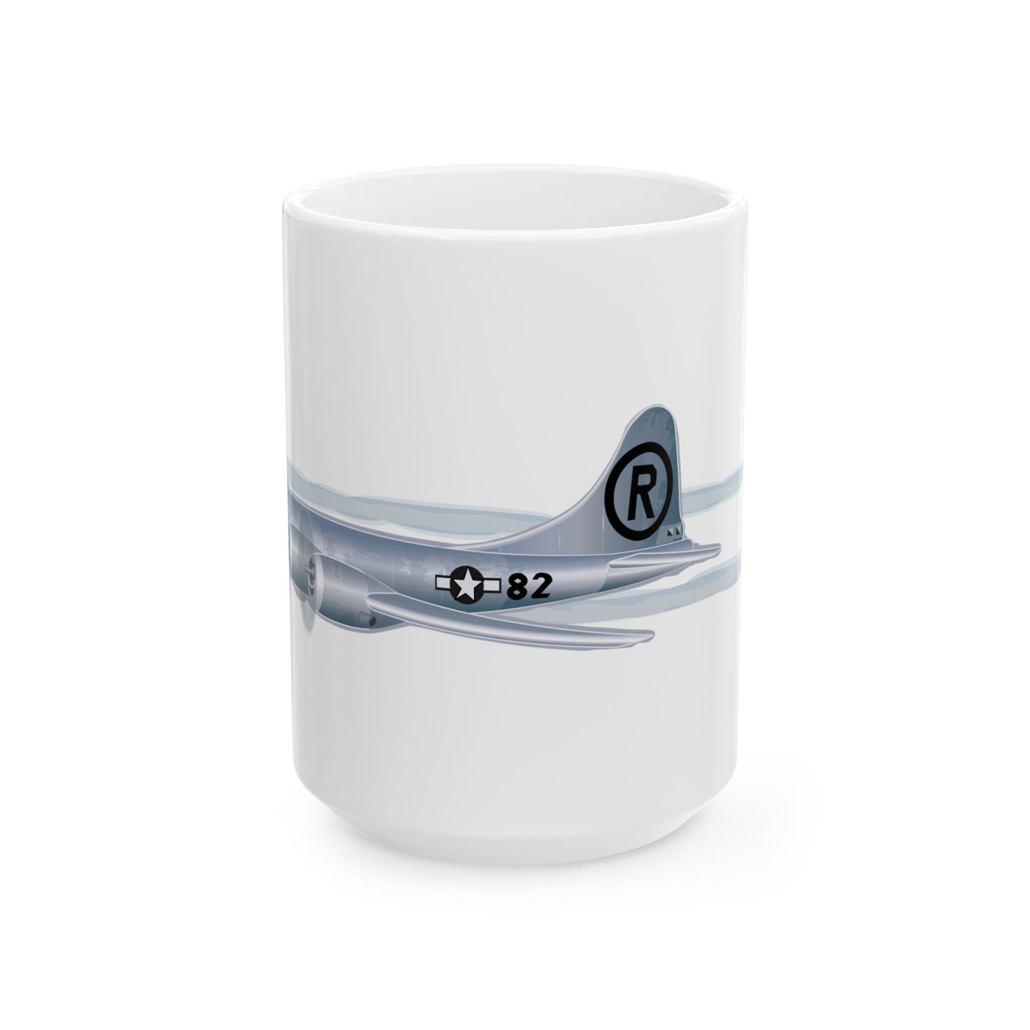 Ceramic mug with Enola Gay aircraft graphic, available in 11oz and 15oz sizes, ideal for collectors of military aviation memorabilia.