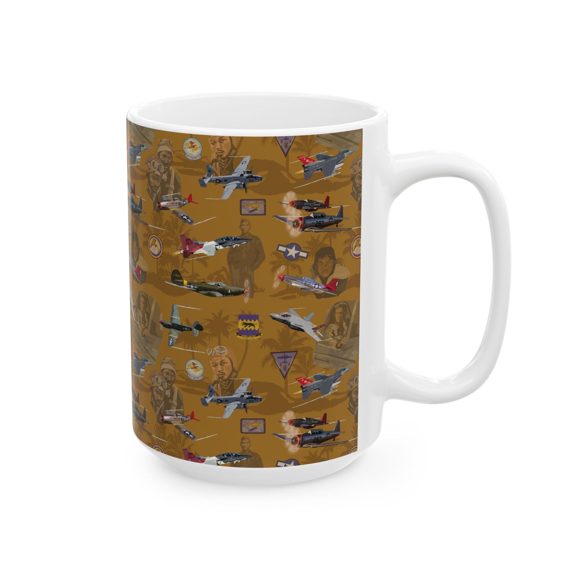 Gold ceramic mug showcasing a commemorative design for the Tuskegee Airmen, ideal for everyday use or as a collector’s item, available in 11oz and 15oz sizes.