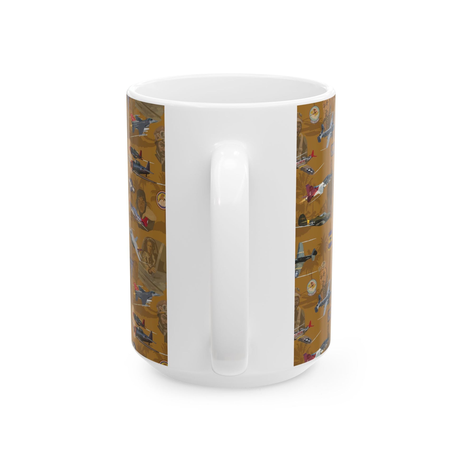 Gold ceramic mug with a design celebrating the Tuskegee Airmen's legacy, microwave and dishwasher safe, available in two sizes: 11oz and 15oz.