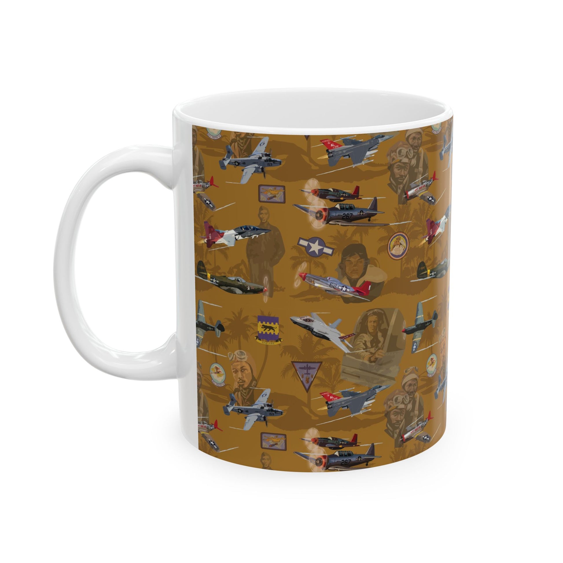 Gold ceramic mug featuring a tribute design to the Tuskegee Airmen, available in 11oz and 15oz sizes, perfect for collectors and history buffs.