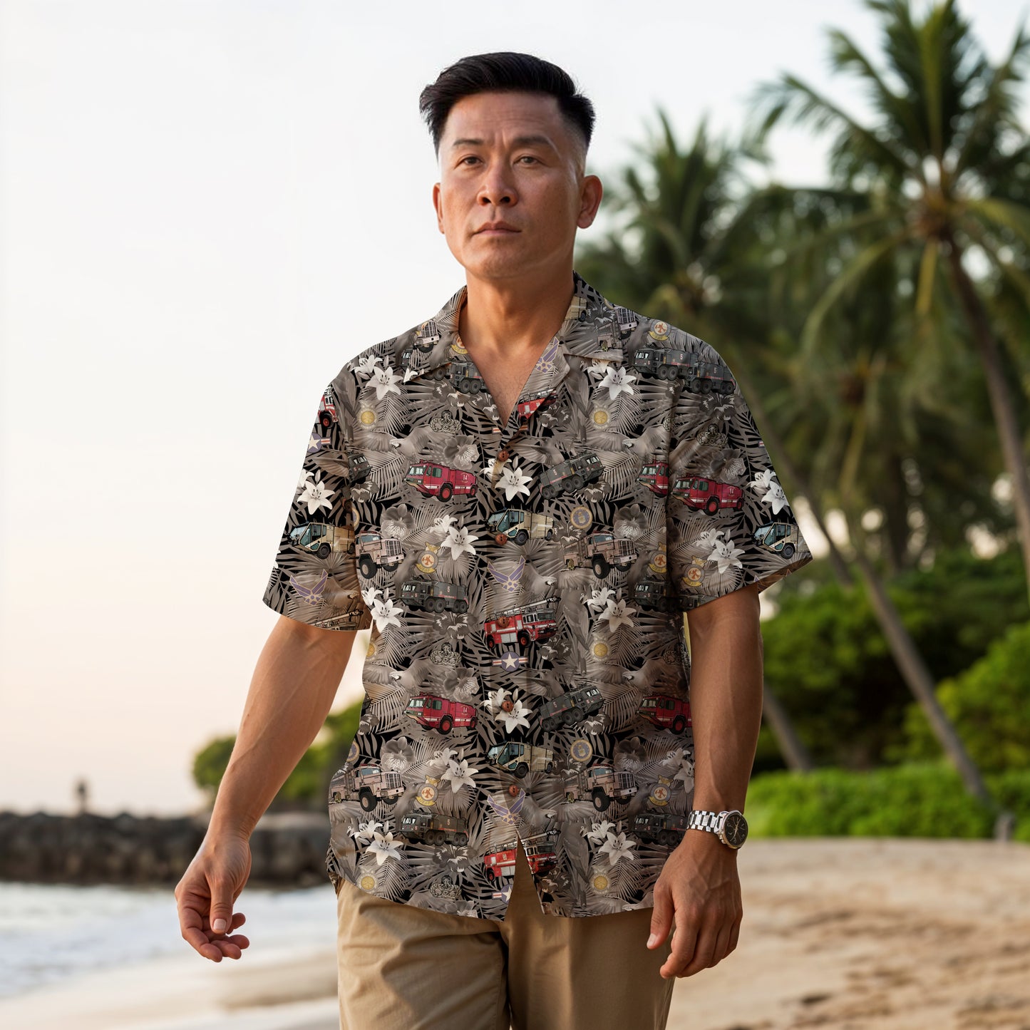 Hawaiian Shirt - "The Goodfellow Era ARFF Trucks" - Black 100% Cotton