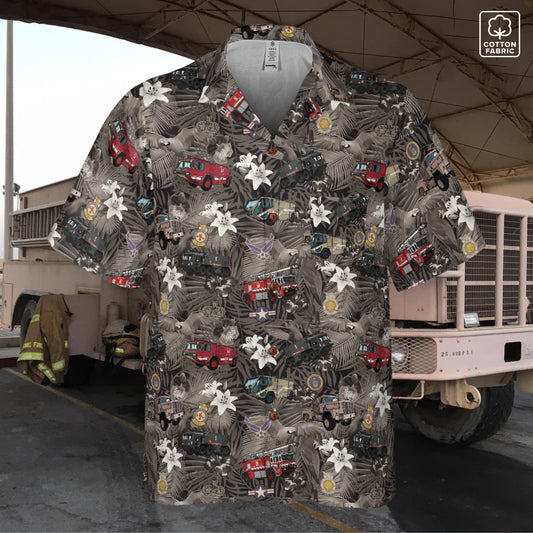 Hawaiian Shirt - "The Goodfellow Era ARFF Trucks" - Black 100% Cotton