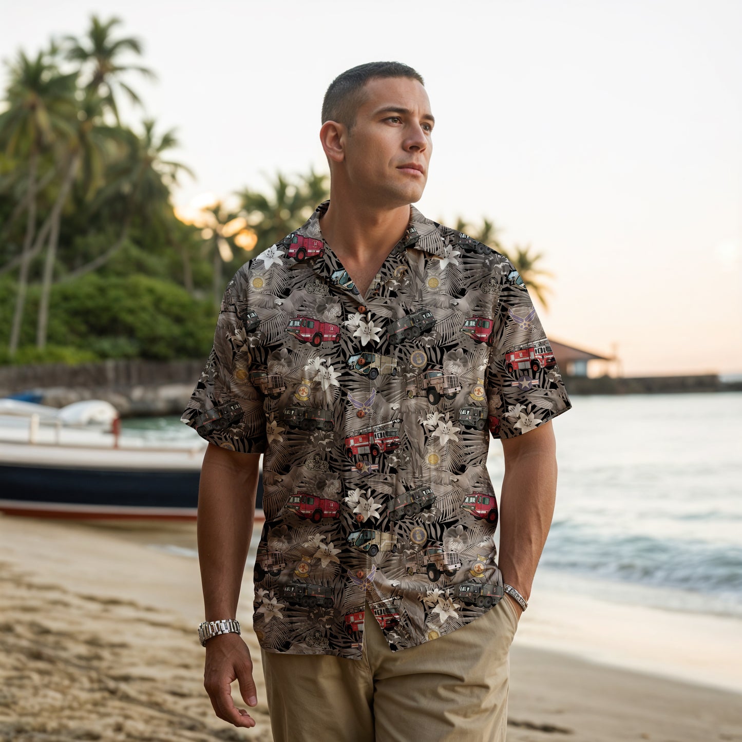 Hawaiian Shirt - "The Goodfellow Era ARFF Trucks" - Black 100% Cotton