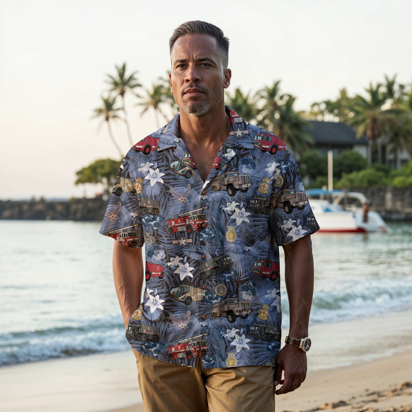 Hawaiian Shirt - "The Goodfellow Era ARFF Trucks" - Blue 100% Cotton