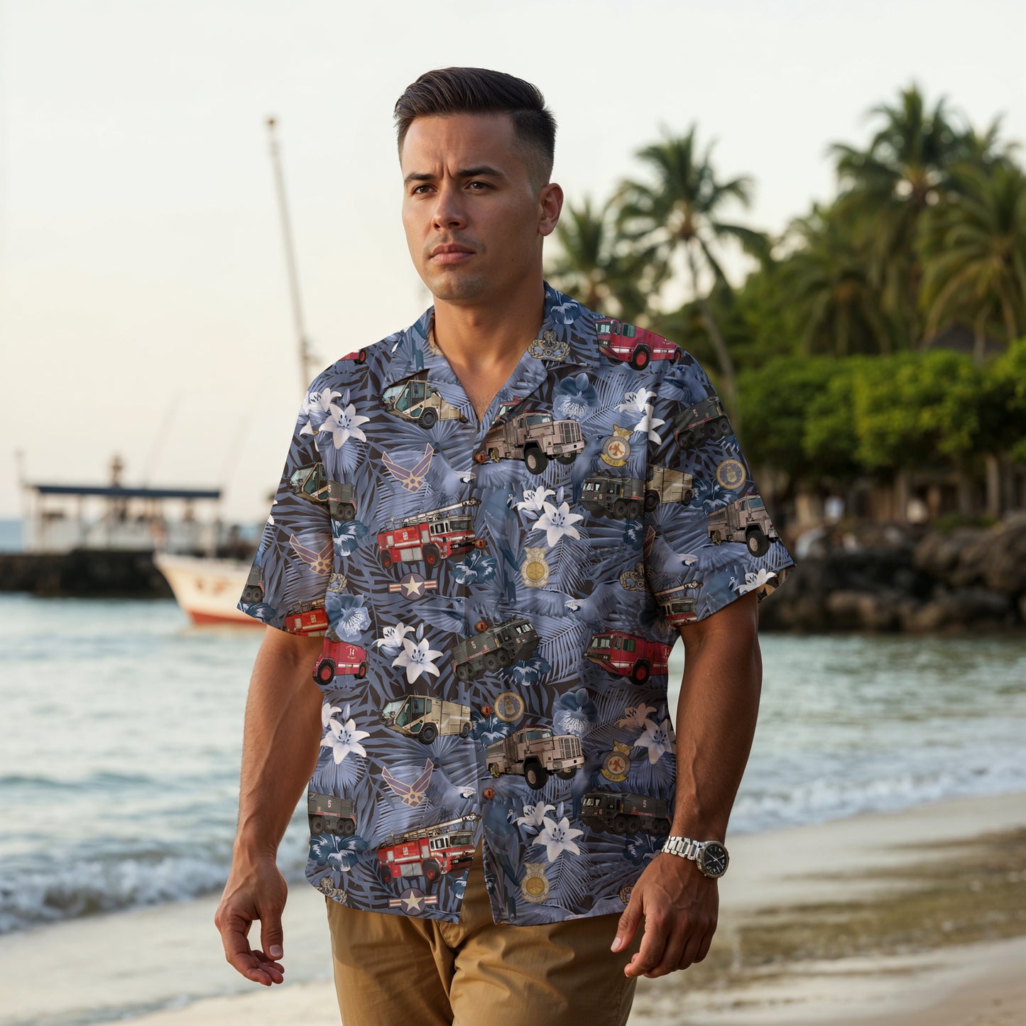 Hawaiian Shirt - "The Goodfellow Era ARFF Trucks" - Blue 100% Cotton