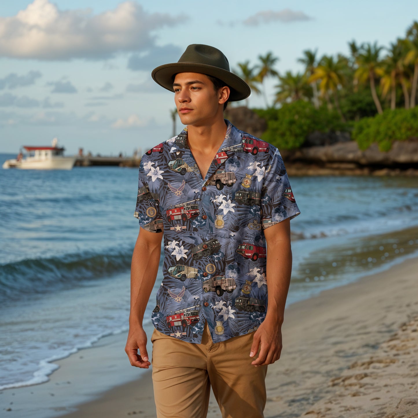 Hawaiian Shirt - "The Goodfellow Era ARFF Trucks" - Blue 100% Cotton