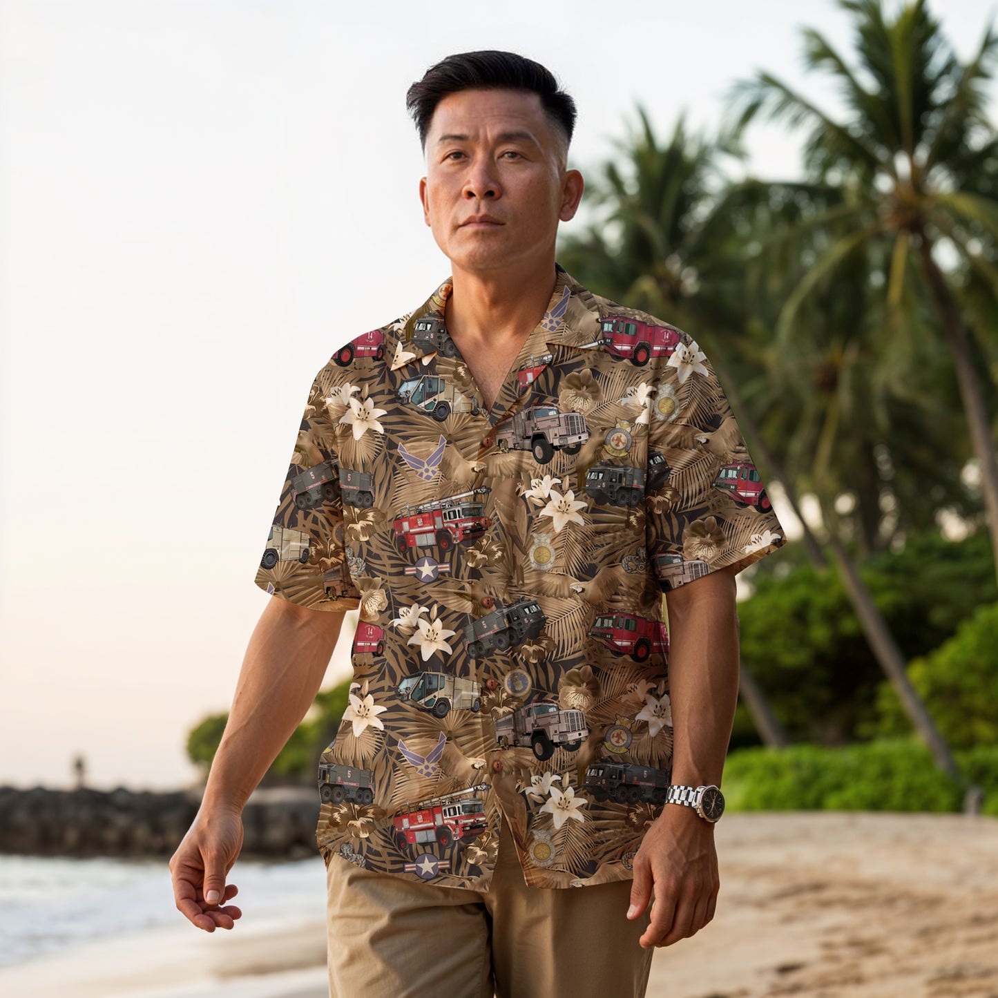 Hawaiian Shirt - "The Goodfellow Era ARFF Trucks" - Bronze 100% Cotton
