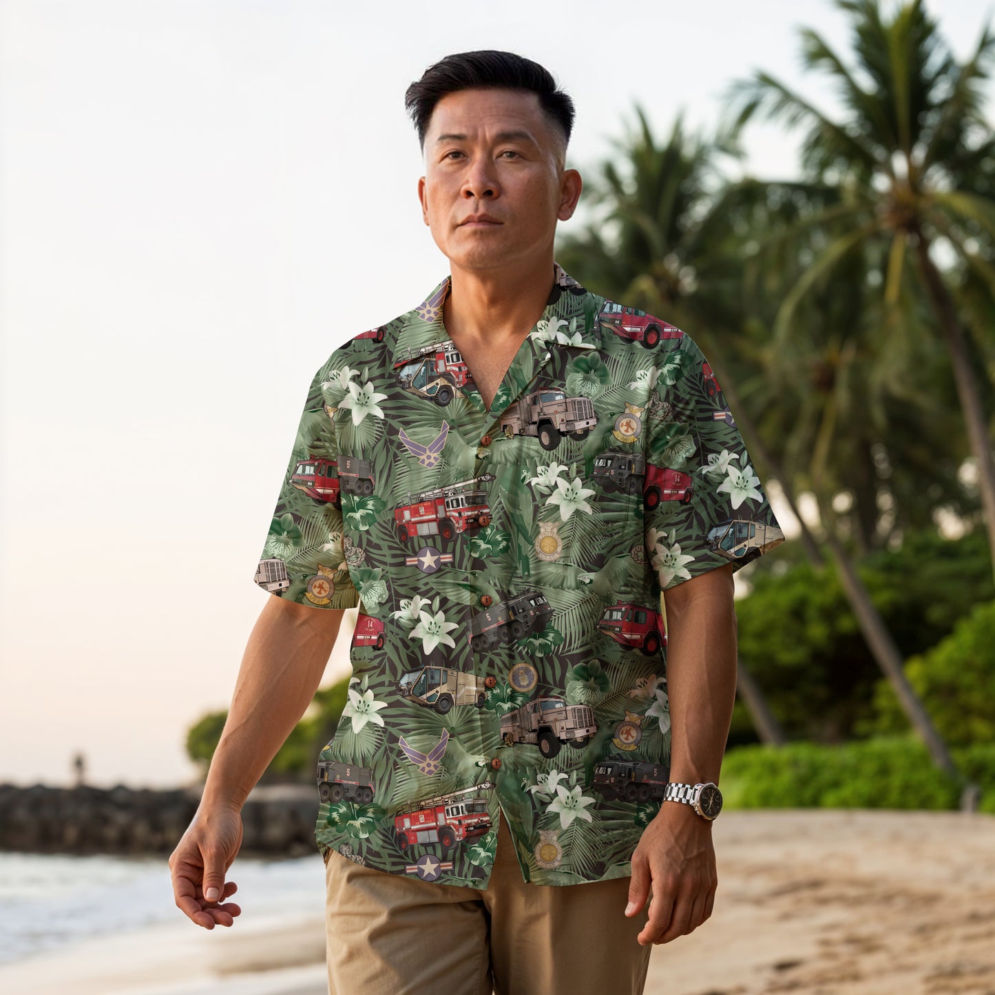 Hawaiian Shirt - "The Goodfellow Era ARFF Trucks" - Green100% Cotton