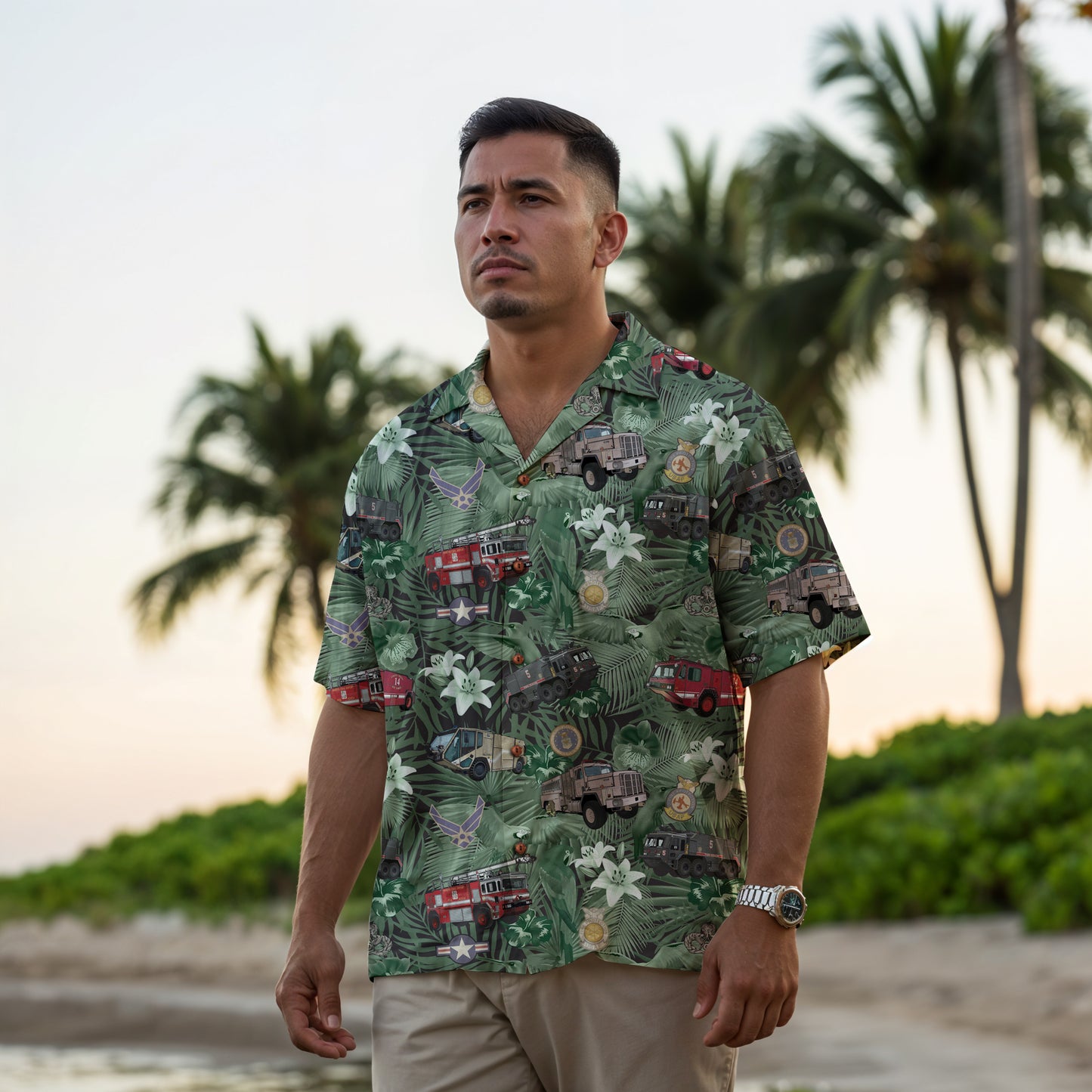 Hawaiian Shirt - "The Goodfellow Era ARFF Trucks" - Green100% Cotton