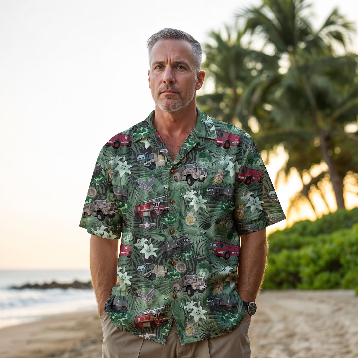 Hawaiian Shirt - "The Goodfellow Era ARFF Trucks" - Green100% Cotton
