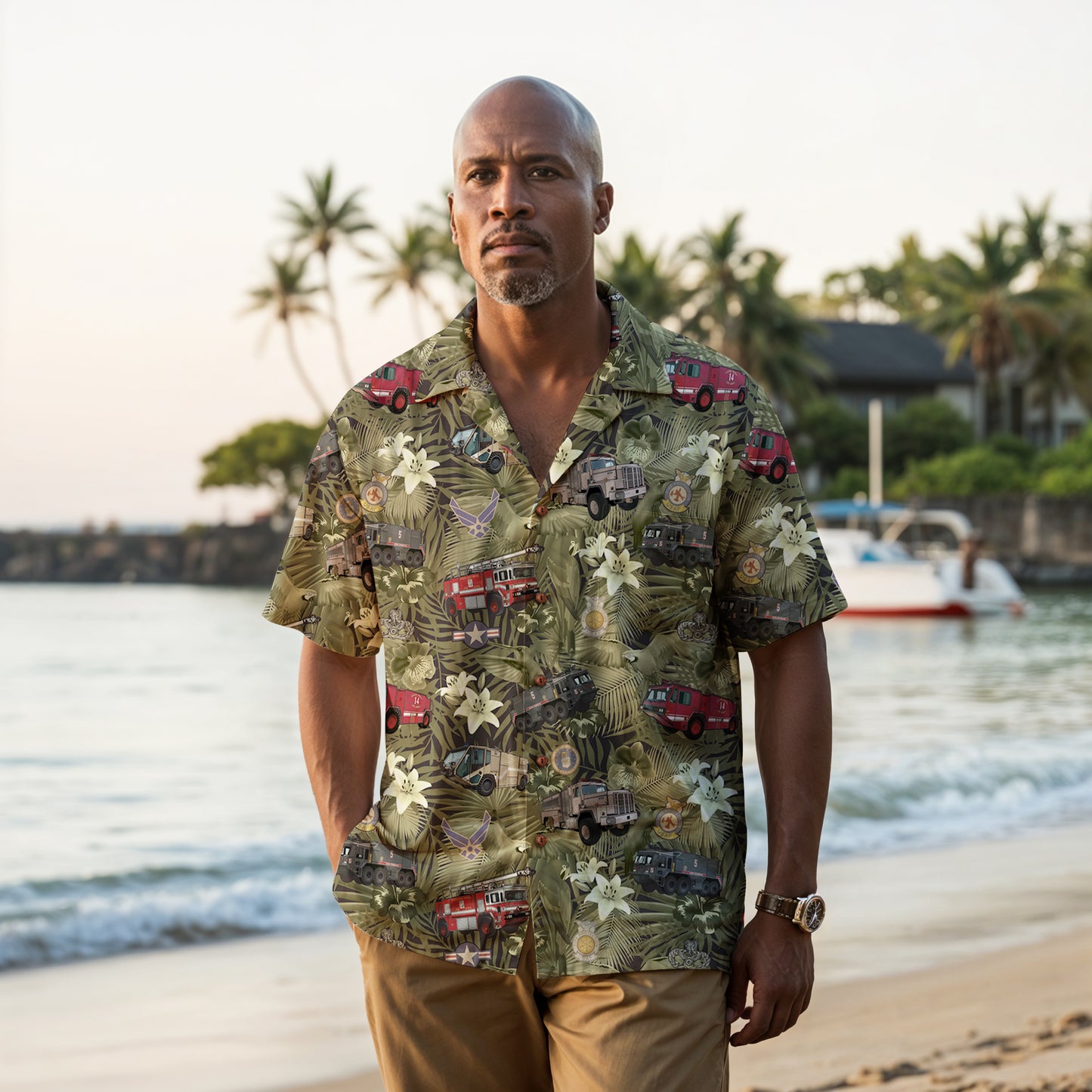 Hawaiian Shirt - "The Goodfellow Era ARFF Trucks" - Olive Green 100% Cotton