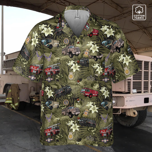Hawaiian Shirt - "The Goodfellow Era ARFF Trucks" - Olive Green 100% Cotton