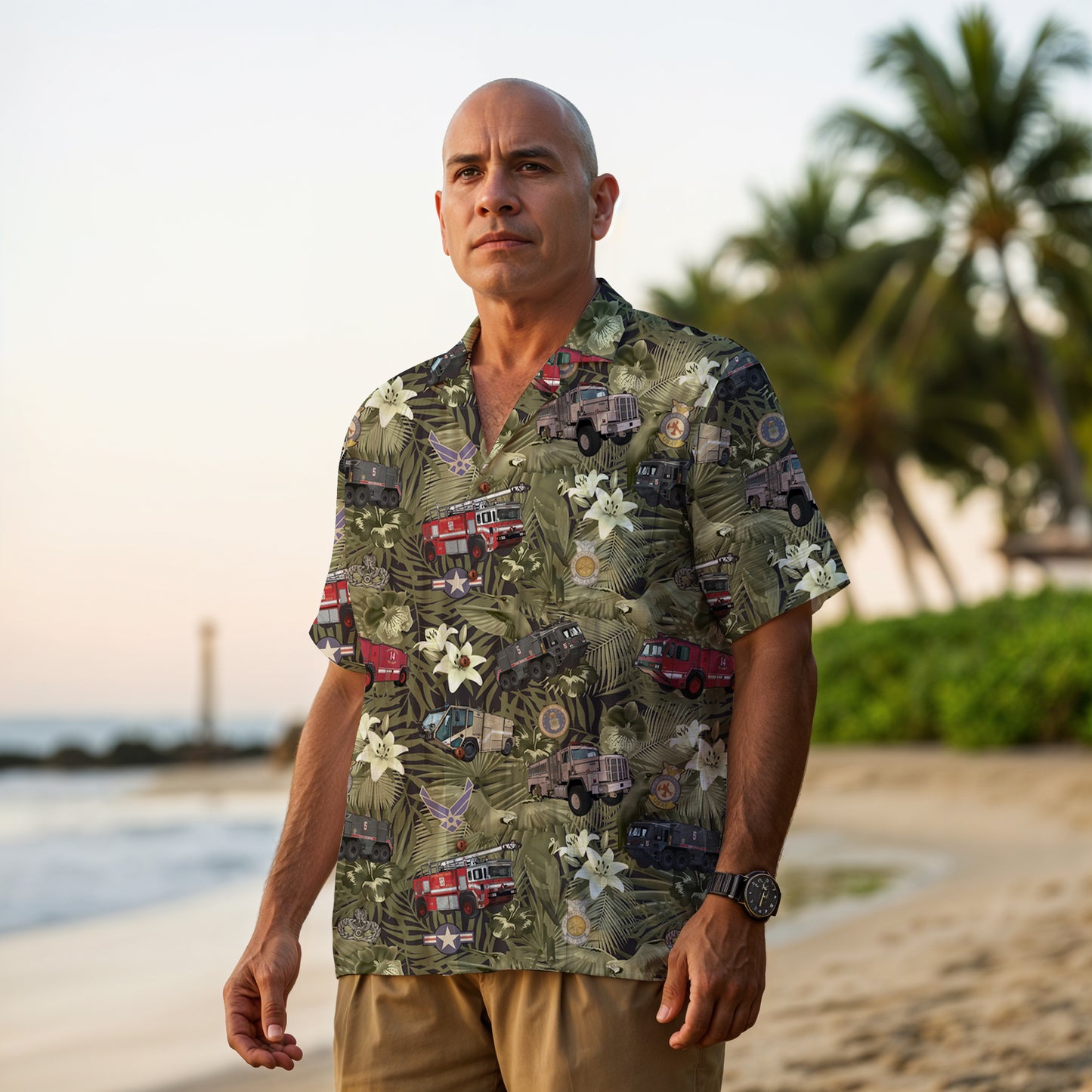 Hawaiian Shirt - "The Goodfellow Era ARFF Trucks" - Olive Green 100% Cotton