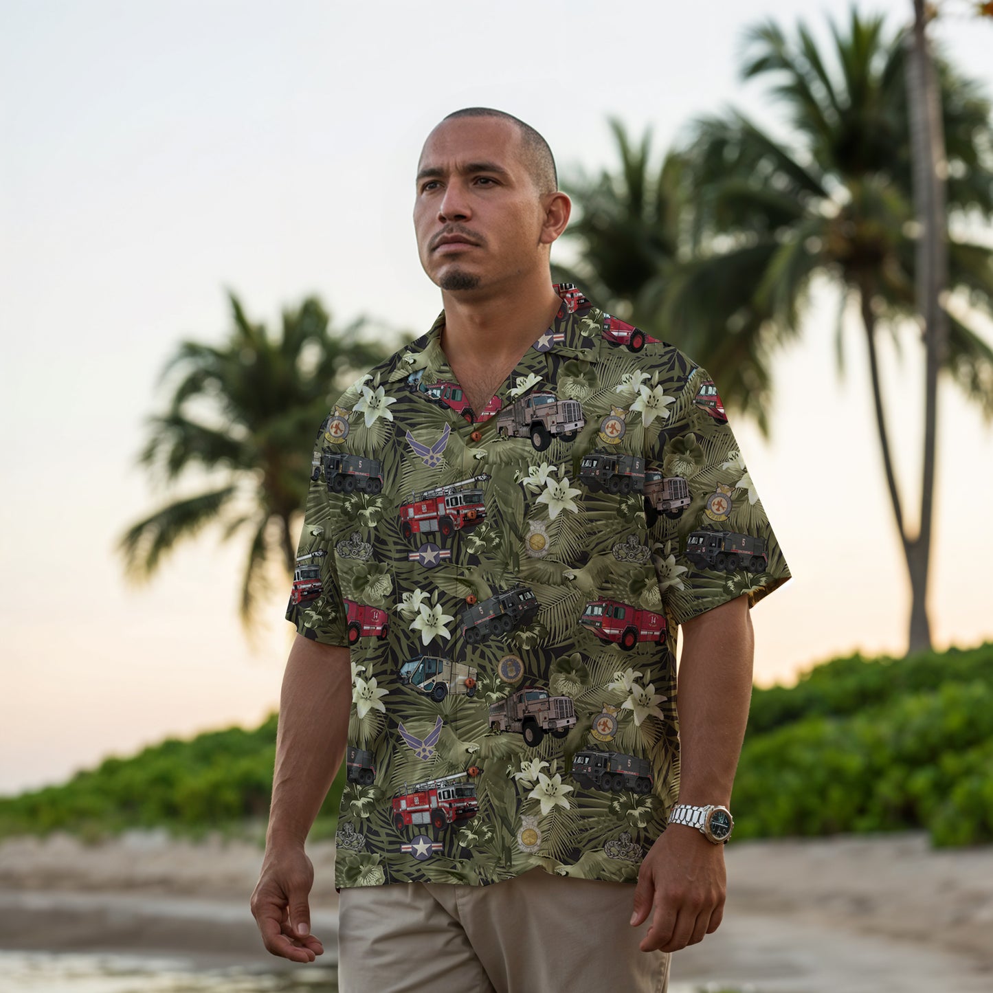 Hawaiian Shirt - "The Goodfellow Era ARFF Trucks" - Olive Green 100% Cotton