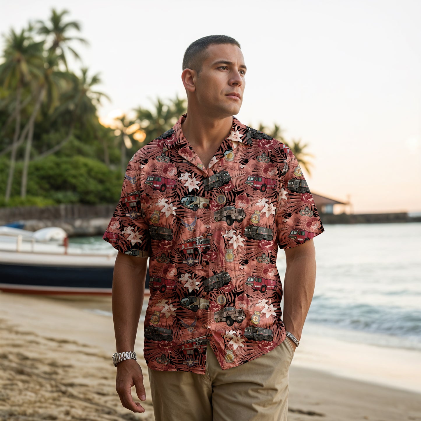 Hawaiian Shirt - "The Goodfellow Era ARFF Trucks" - Red 100% Cotton