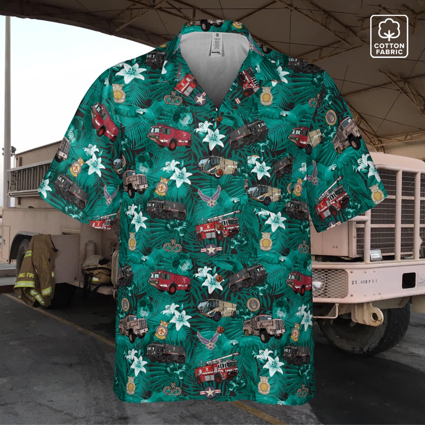 Hawaiian Shirt - "The Goodfellow Era ARFF Trucks" - Turquoise 100% Cotton