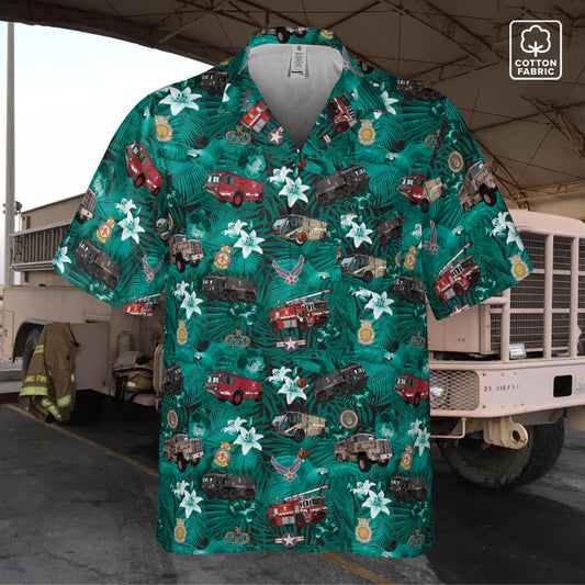 Hawaiian Shirt - "The Goodfellow Era ARFF Trucks" - Turquoise 100% Cotton