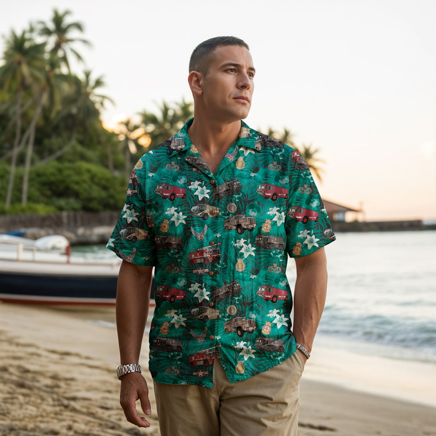 Hawaiian Shirt - "The Goodfellow Era ARFF Trucks" - Turquoise 100% Cotton