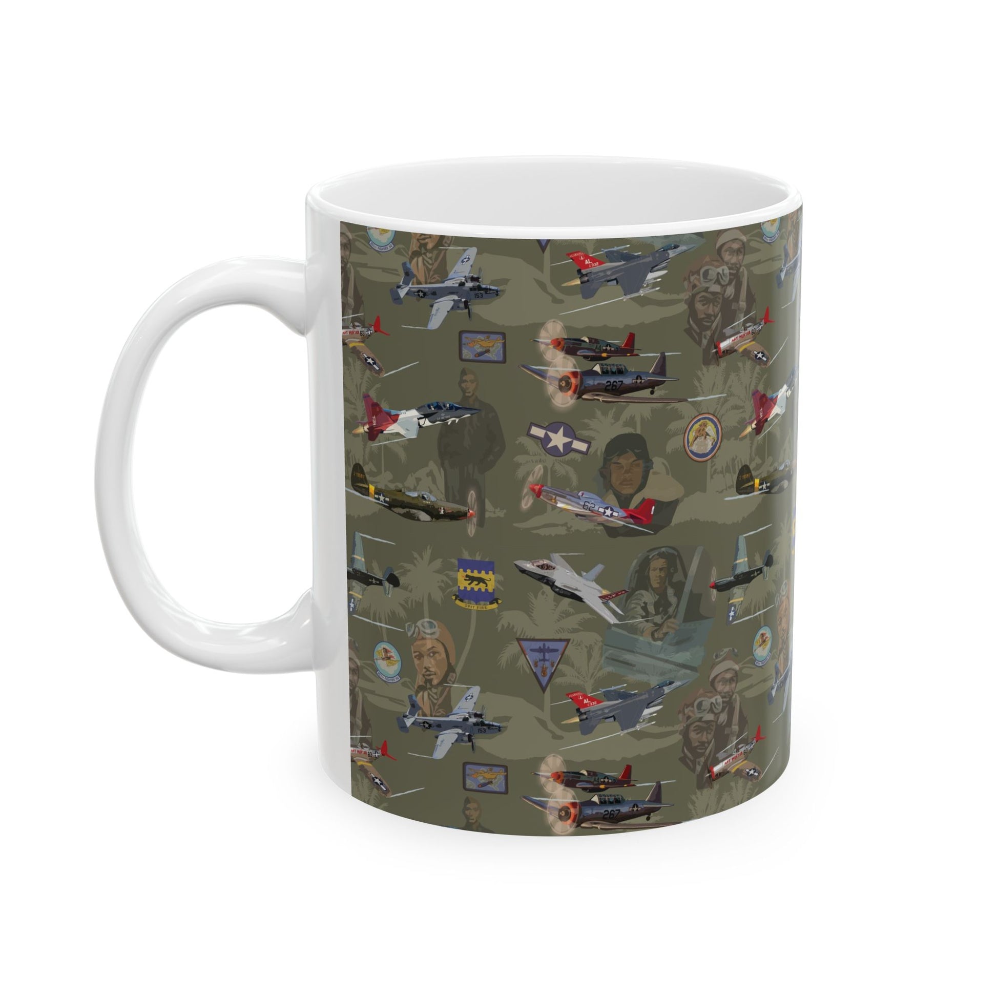 Green ceramic mug featuring a tribute design to the Tuskegee Airmen, available in 11oz and 15oz sizes, perfect for those passionate about military history.