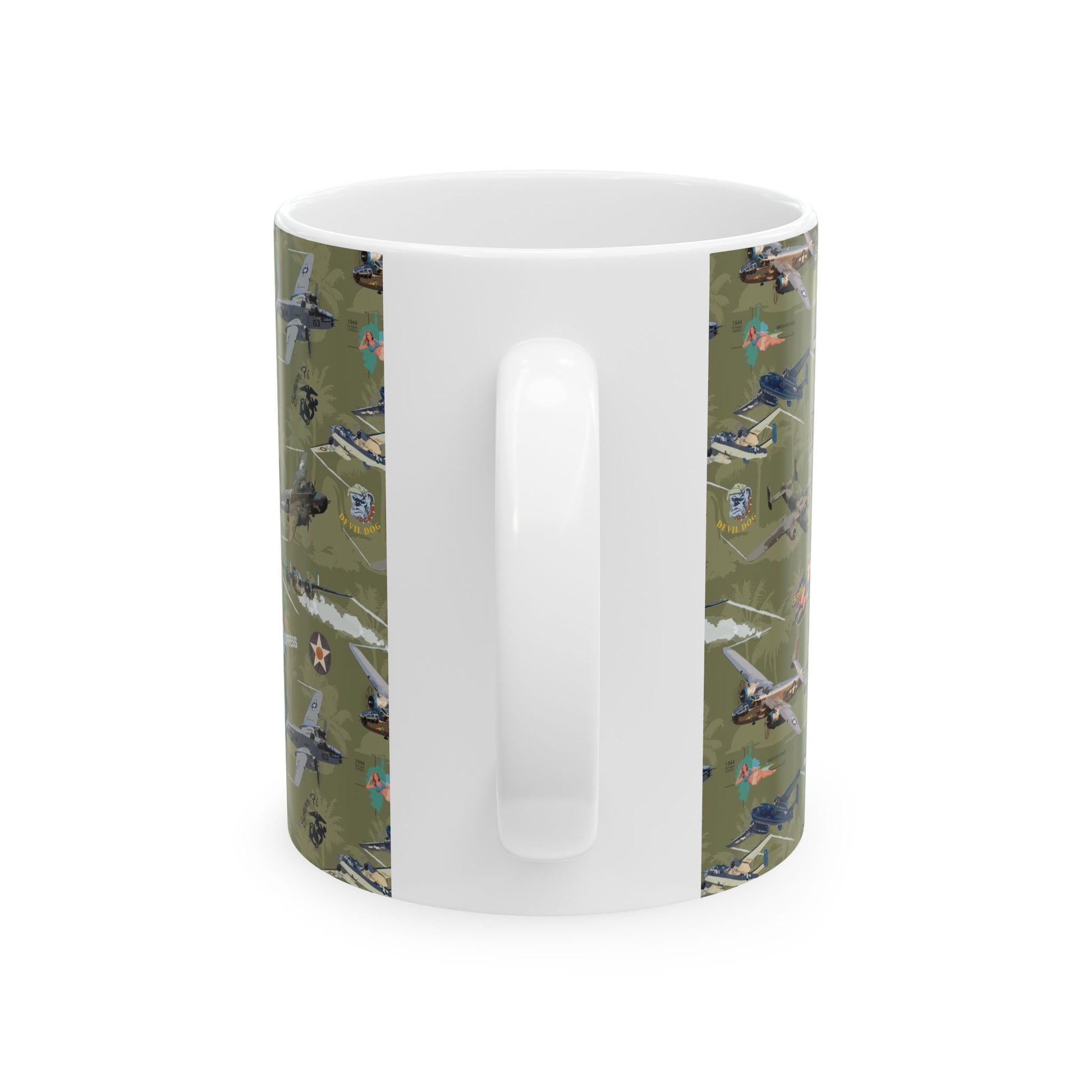 B-25 bomber illustration on a green ceramic mug, ideal for collectors, available in 11oz and 15oz sizes, microwave and dishwasher safe.