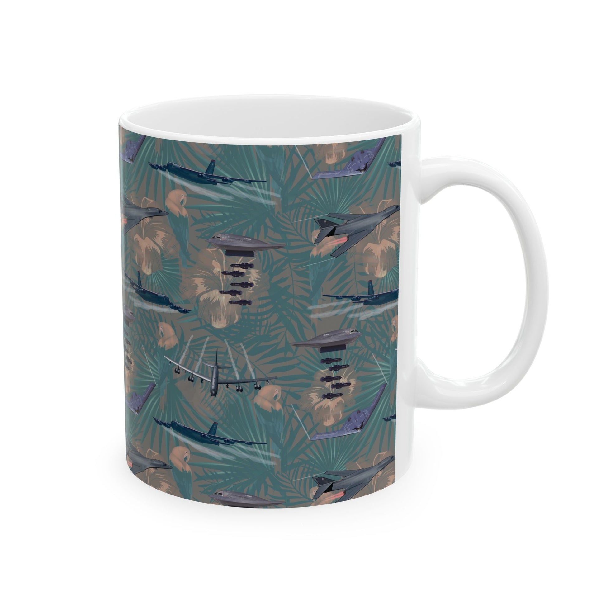 Bold green ceramic coffee mug showcasing imagery of the B-17 Flying Fortress, available in both 11oz and 15oz sizes, microwave and dishwasher safe.