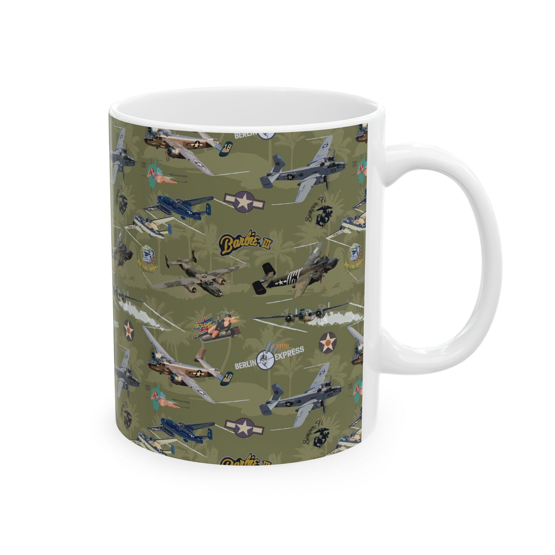 B-25 bomber-themed green ceramic mug with a sleek design, available in 11oz and 15oz sizes, microwave and dishwasher safe.