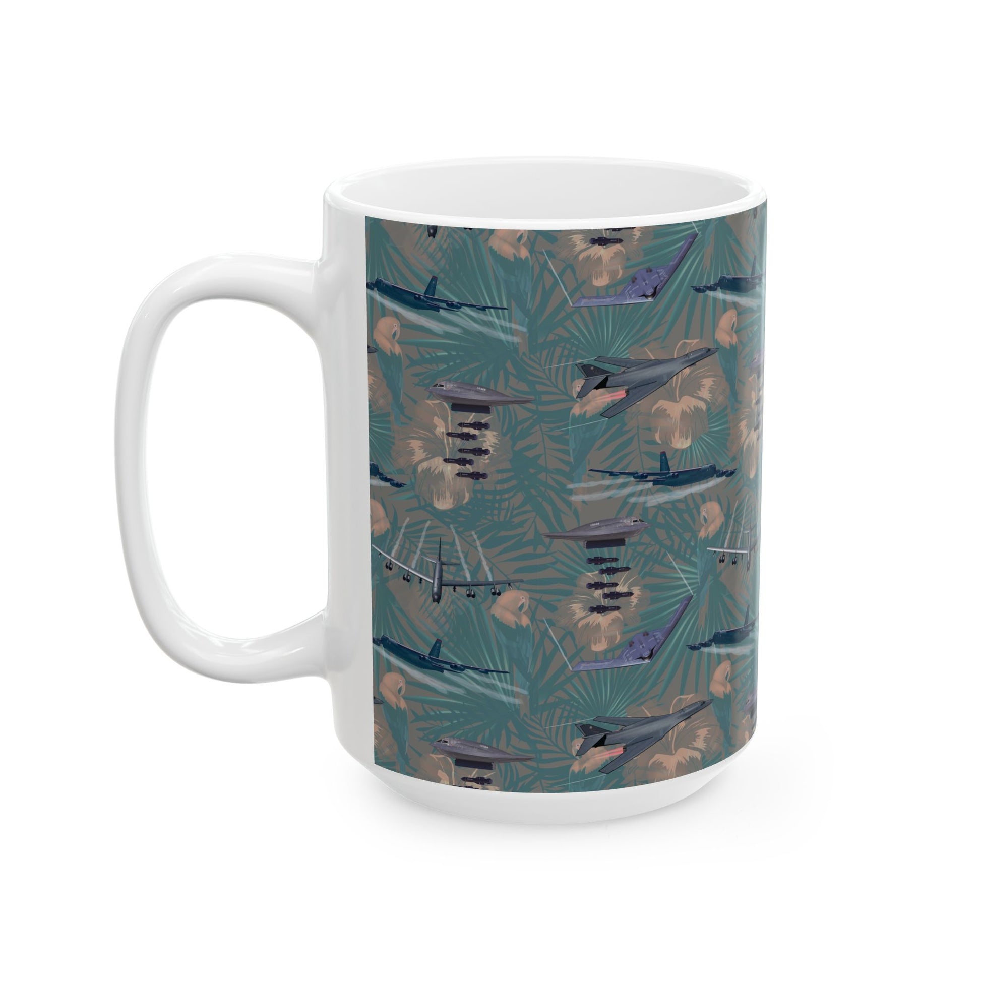 Green ceramic mug featuring the iconic B-17 Flying Fortress, perfect for collectors of military history, available in two sizes: 11oz and 15oz.