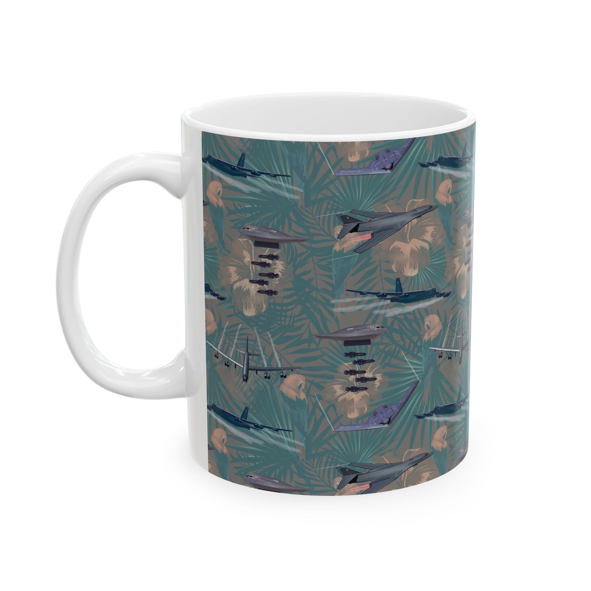 Green ceramic mug featuring a tribute to the B-17 Flying Fortress, available in 11oz and 15oz sizes, perfect for collectors of military aviation memorabilia.