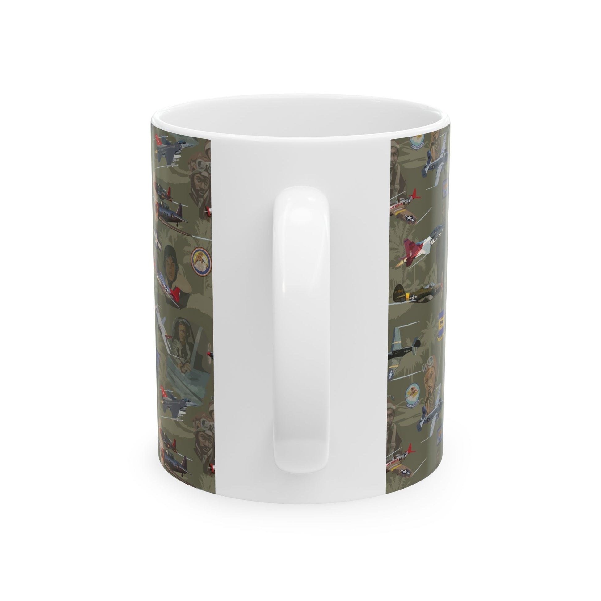Green ceramic mug with a design celebrating the legacy of the Tuskegee Airmen, ideal for collectors, available in 11oz and 15oz sizes.