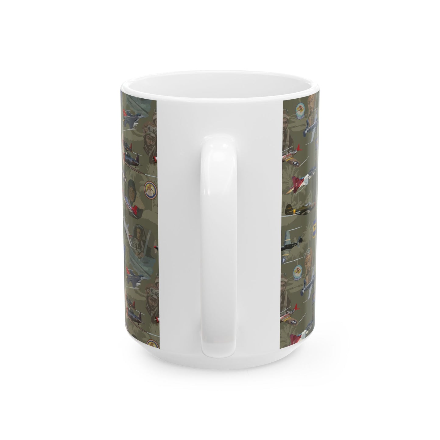 Green ceramic mug with a tribute to the Tuskegee Airmen, available in 11oz and 15oz sizes, microwave and dishwasher safe for everyday use.