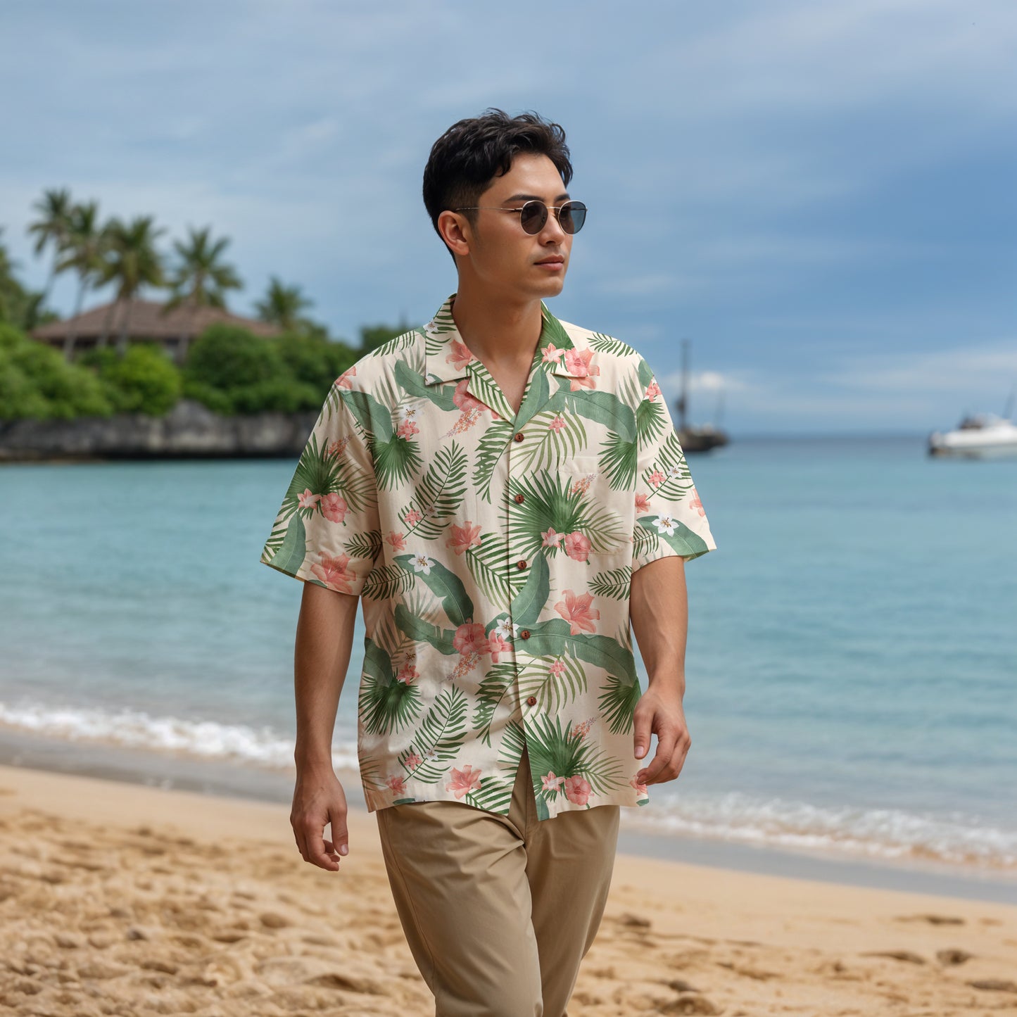 "Hibiscus Palm Oasis" Hawaiian Shirt - 100% Cotton