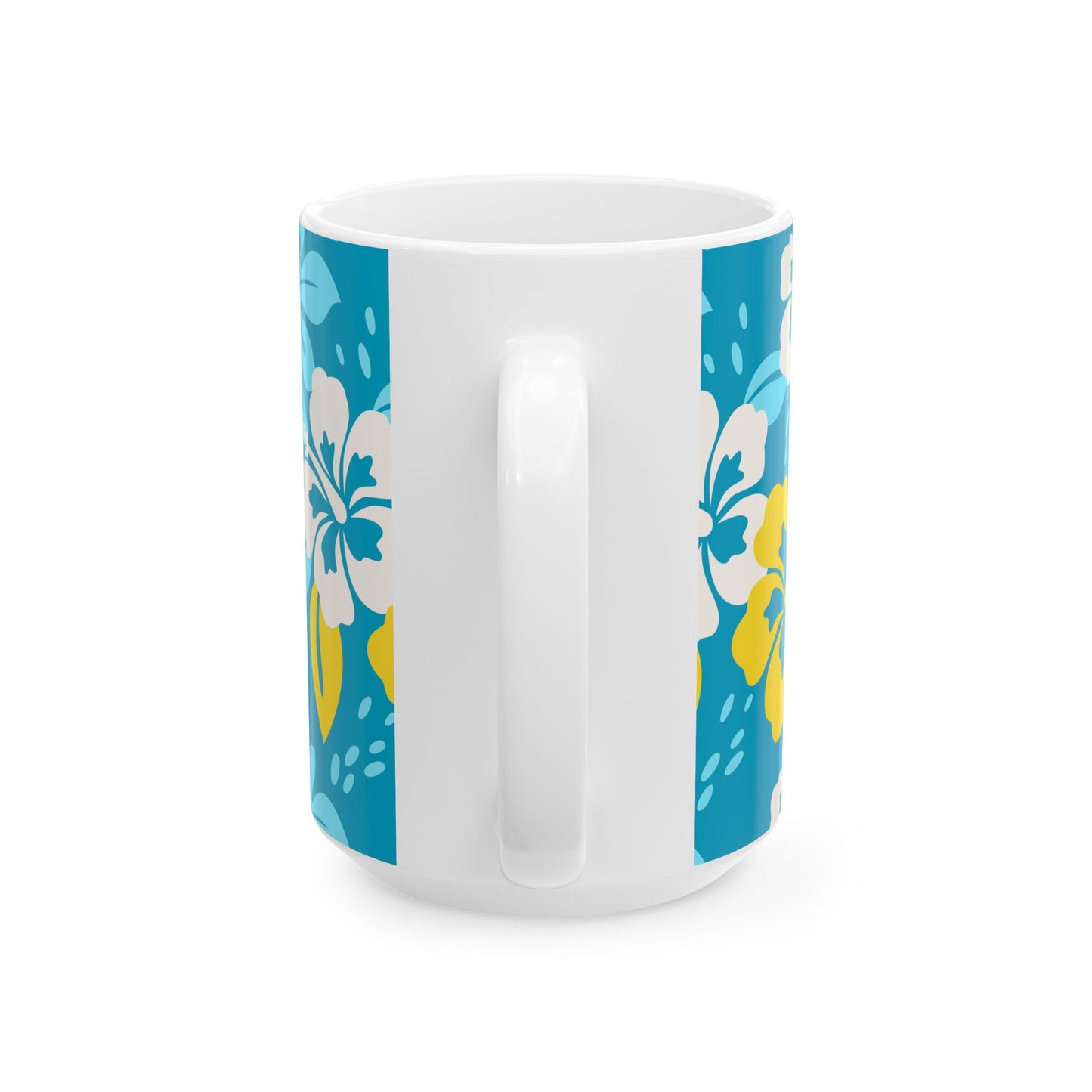 Island-inspired ceramic mug in 11oz or 15oz sizes, featuring a dreamy tropical sunset scene with vivid colors.
