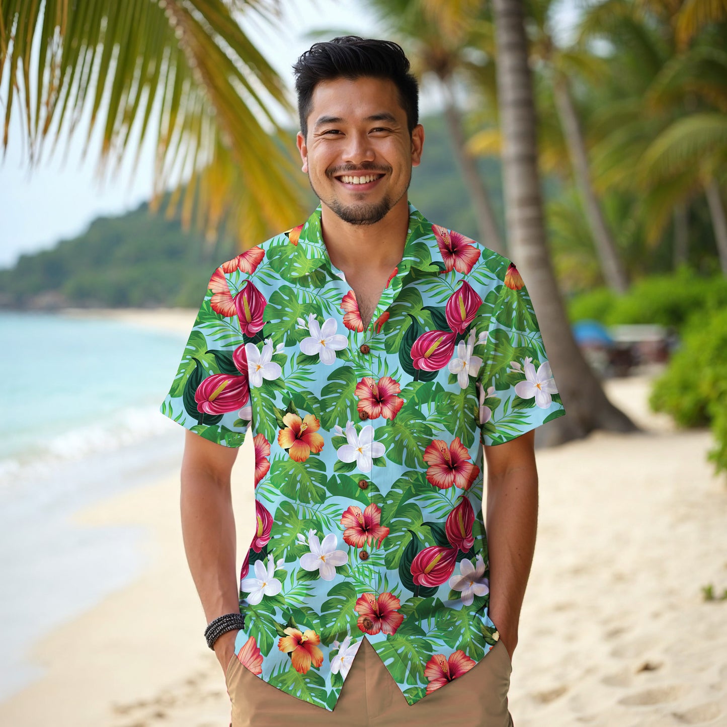 "Jungle Odyssey Hues: Celadon Blue" Hawaiian Shirt - 100% Cotton