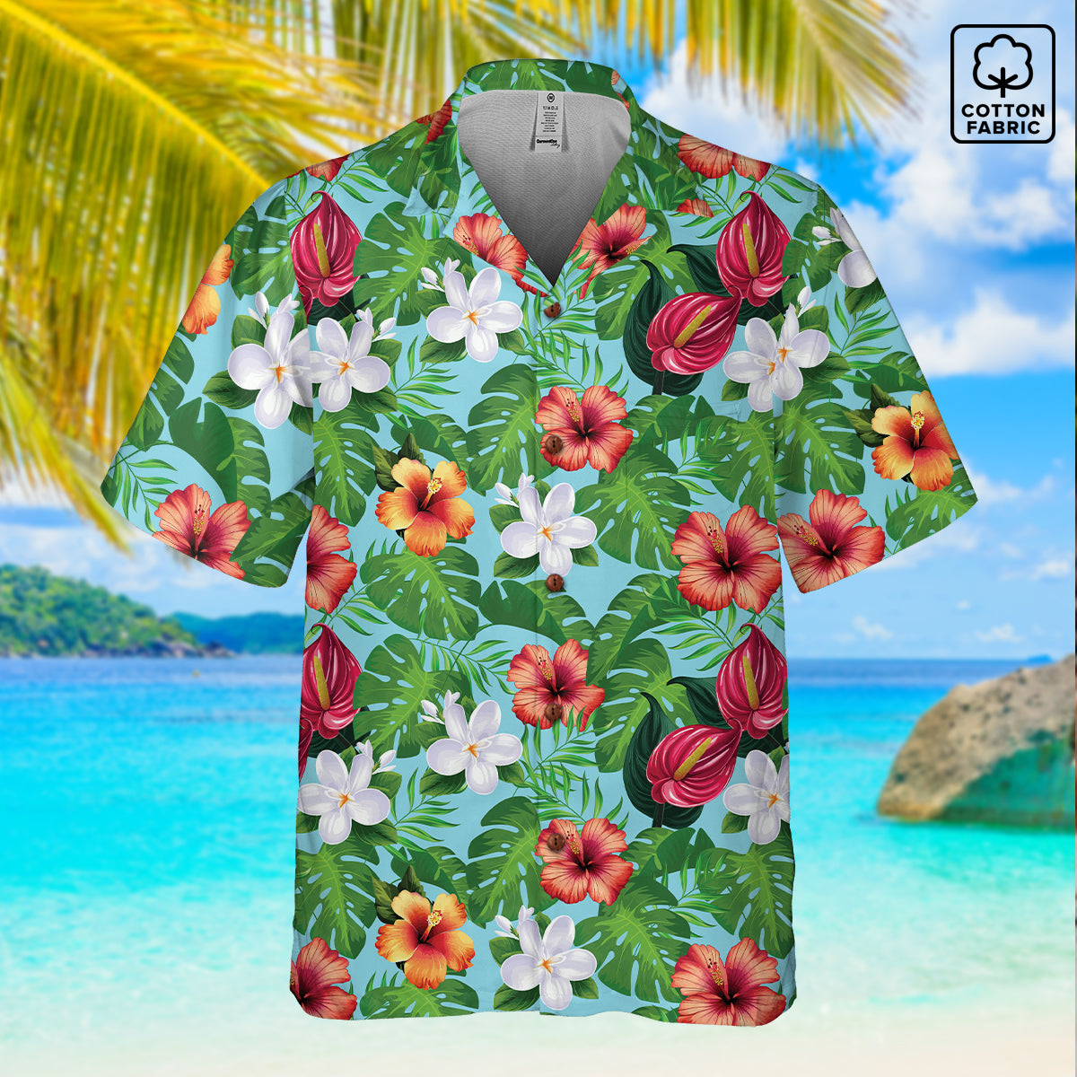 "Jungle Odyssey Hues: Celadon Blue" Hawaiian Shirt - 100% Cotton