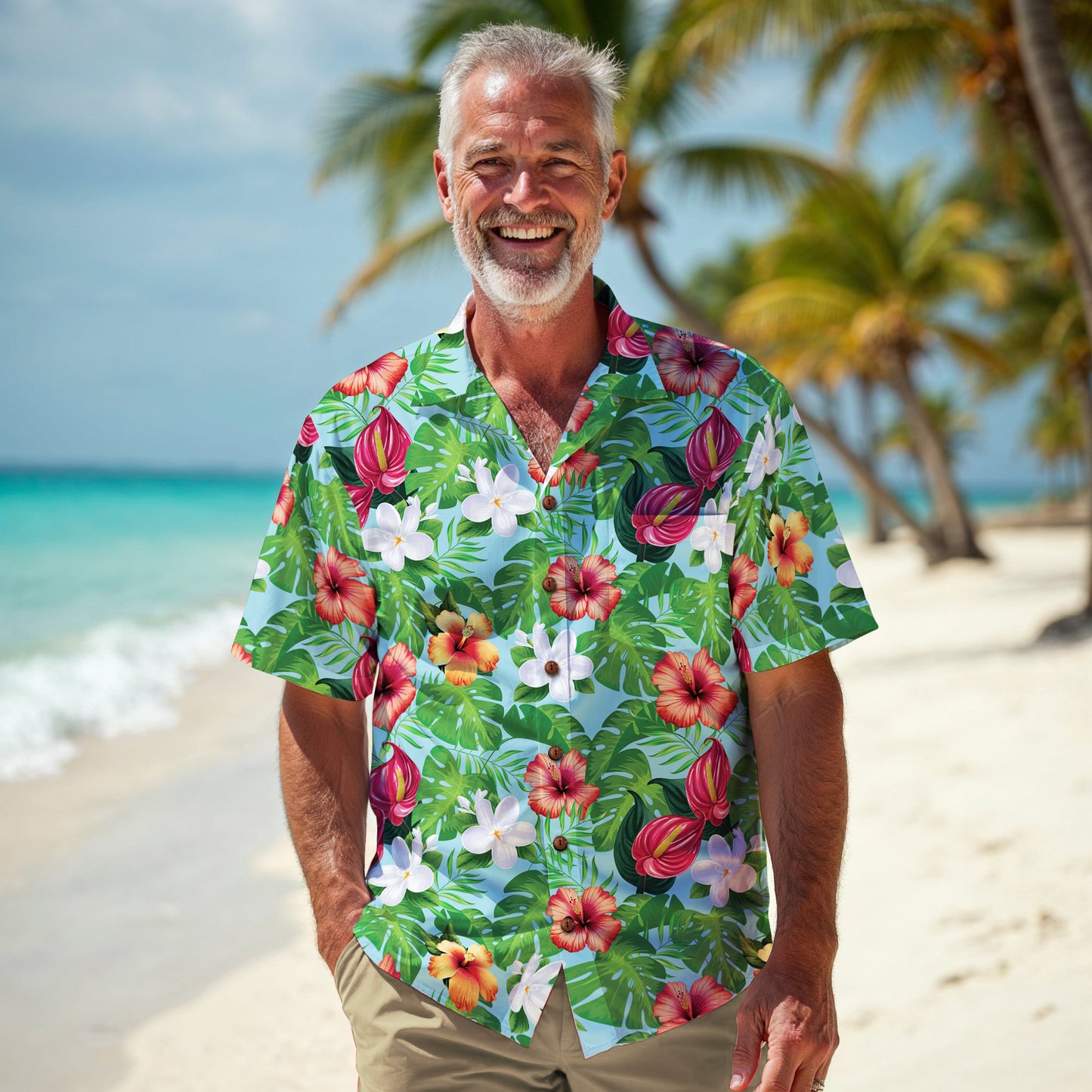 "Jungle Odyssey Hues: Celadon Blue" Hawaiian Shirt - 100% Cotton