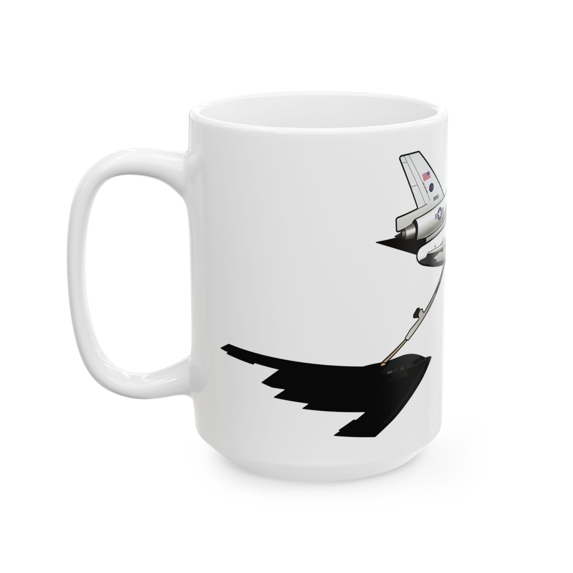 KC-10 Extender ceramic mug with sleek design and aircraft illustration, available in 11oz and 15oz sizes, perfect for gifting.