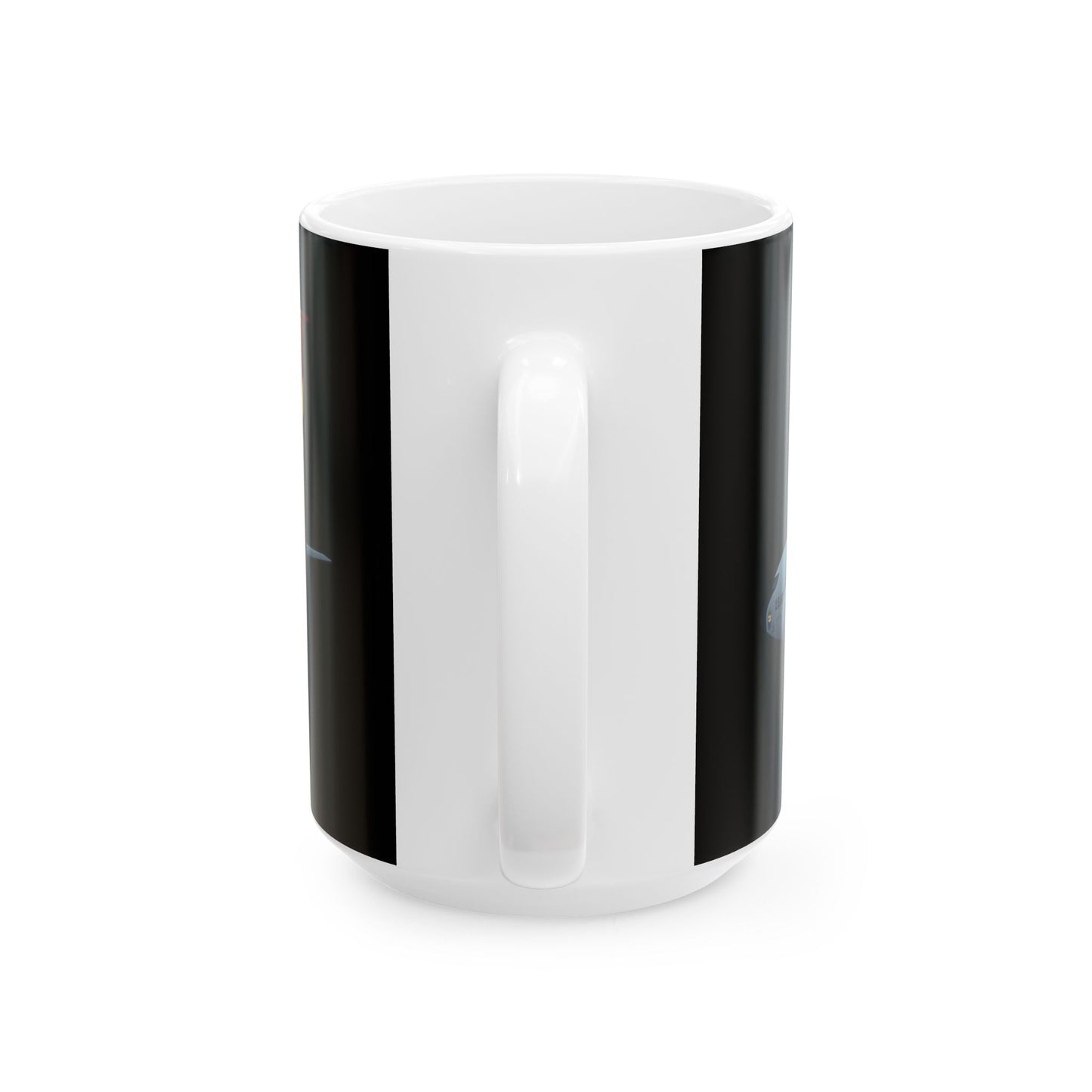 KC-135 Stratotanker black ceramic mug, available in 11oz and 15oz sizes, featuring a detailed military aircraft design, microwave and dishwasher safe.