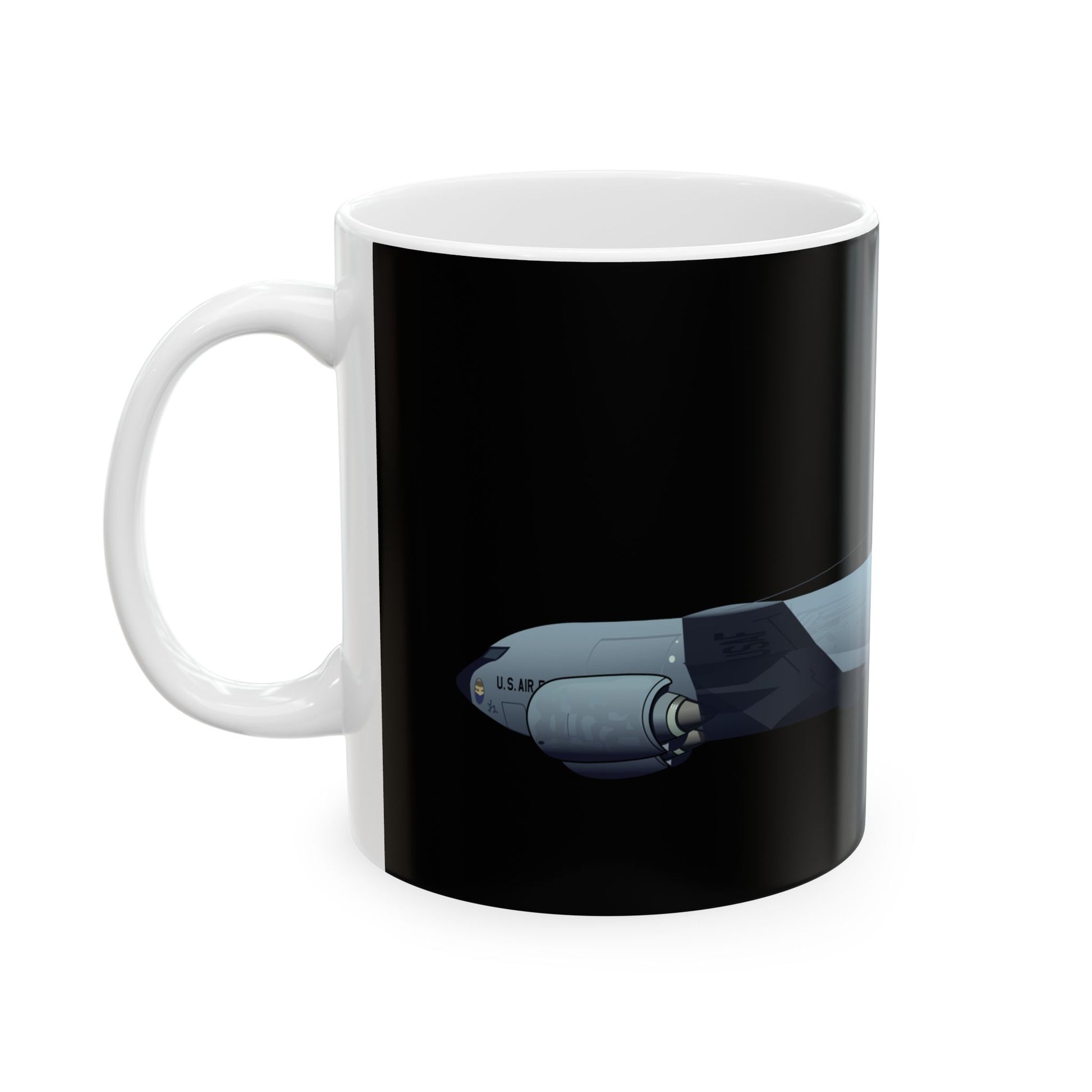KC-135 Stratotanker-themed black ceramic mug, available in 11oz and 15oz sizes, ideal for collectors, microwave and dishwasher safe.
