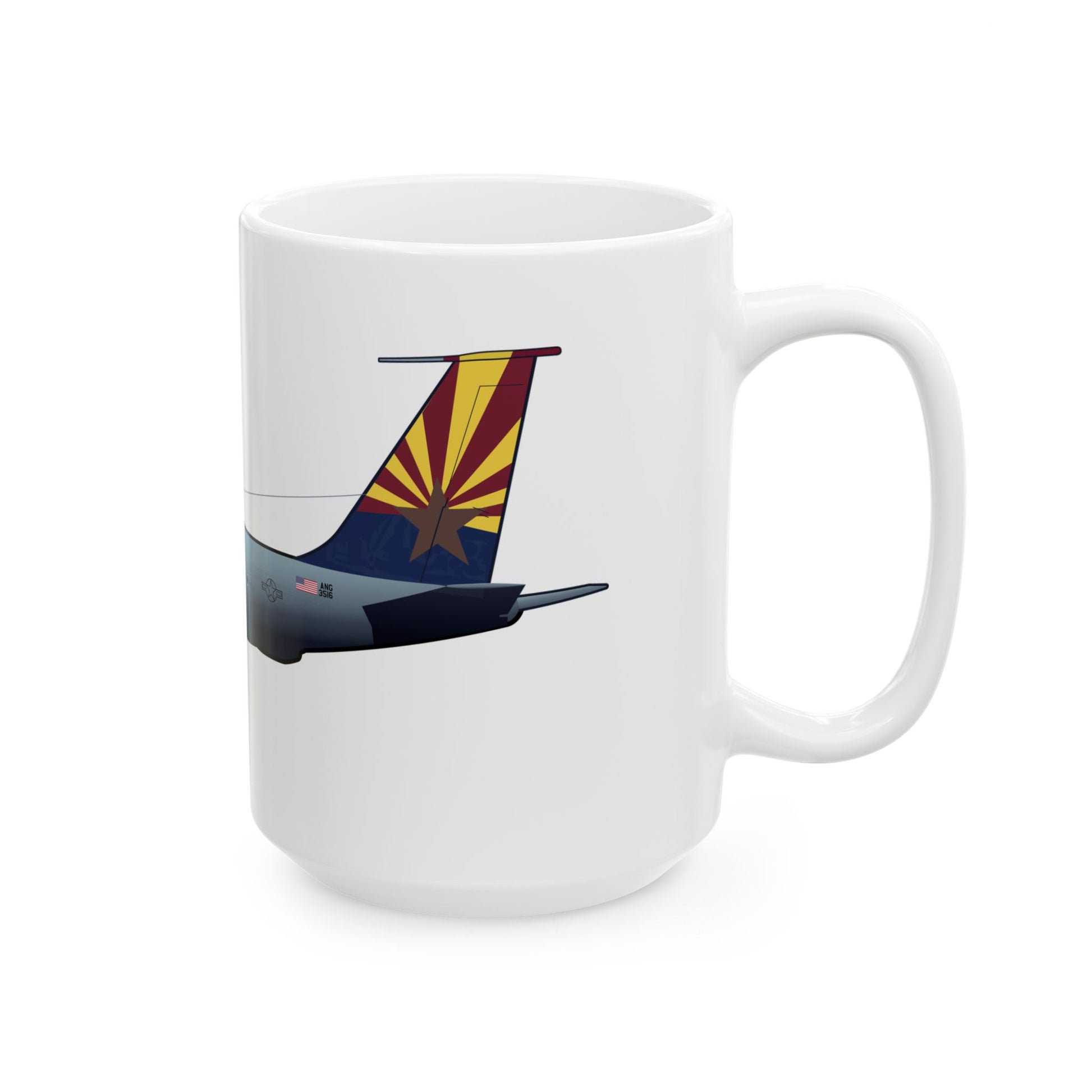 Ceramic mug showcasing the KC-135 Stratotanker aircraft, available in 11oz and 15oz sizes, great for daily use or display