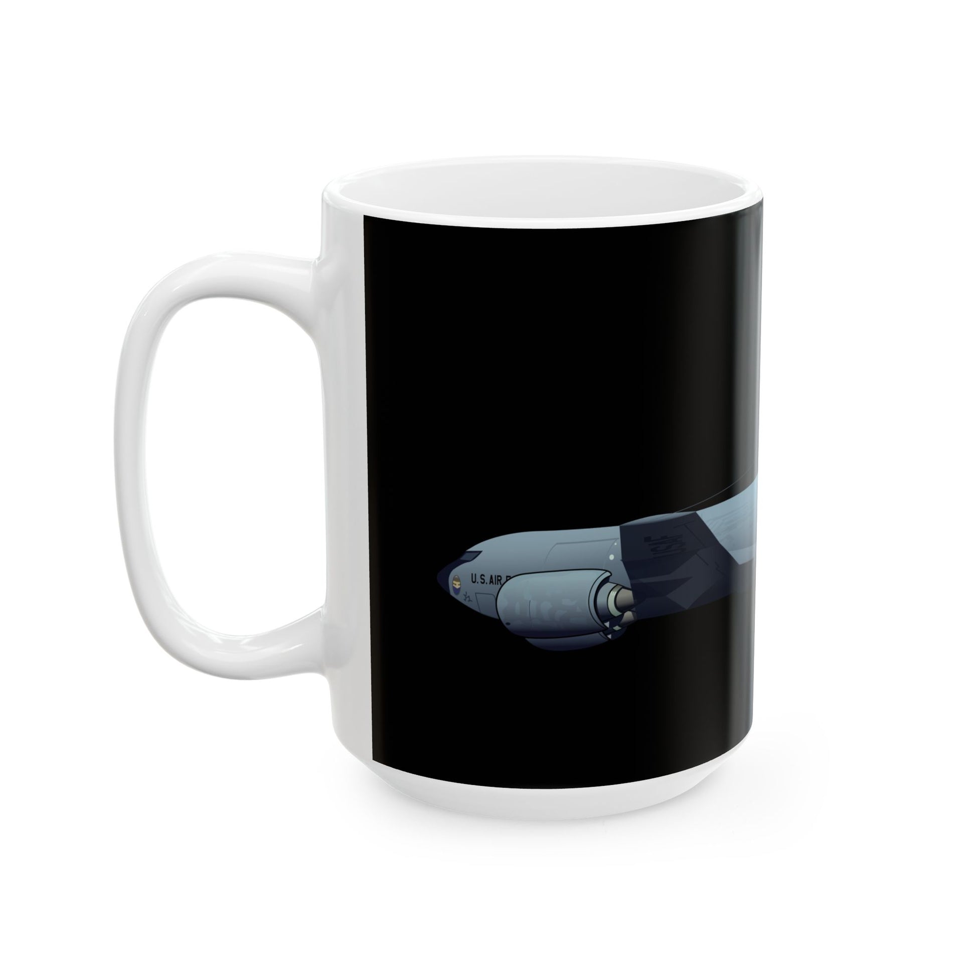 Ceramic mug with KC-135 Stratotanker graphic, available in black, 11oz and 15oz sizes, perfect for aviation fans and collectors, microwave and dishwasher safe.