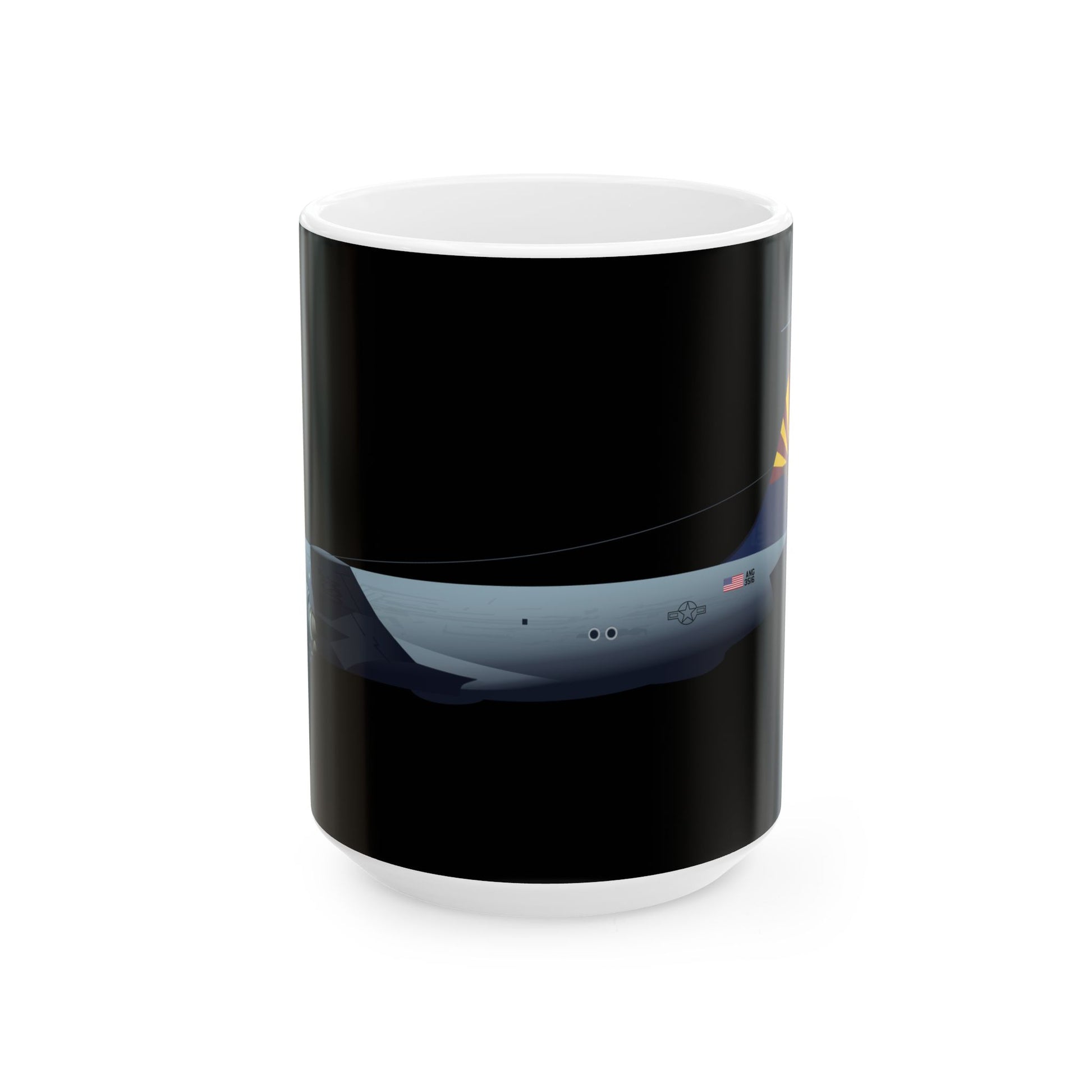 Black ceramic mug showcasing the KC-135 Stratotanker, available in 11oz and 15oz sizes, perfect for aviation enthusiasts, microwave and dishwasher safe.