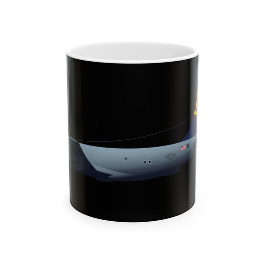 KC-135 Stratotanker black ceramic mug, available in 11oz and 15oz sizes, featuring a detailed aircraft graphic, microwave and dishwasher safe.