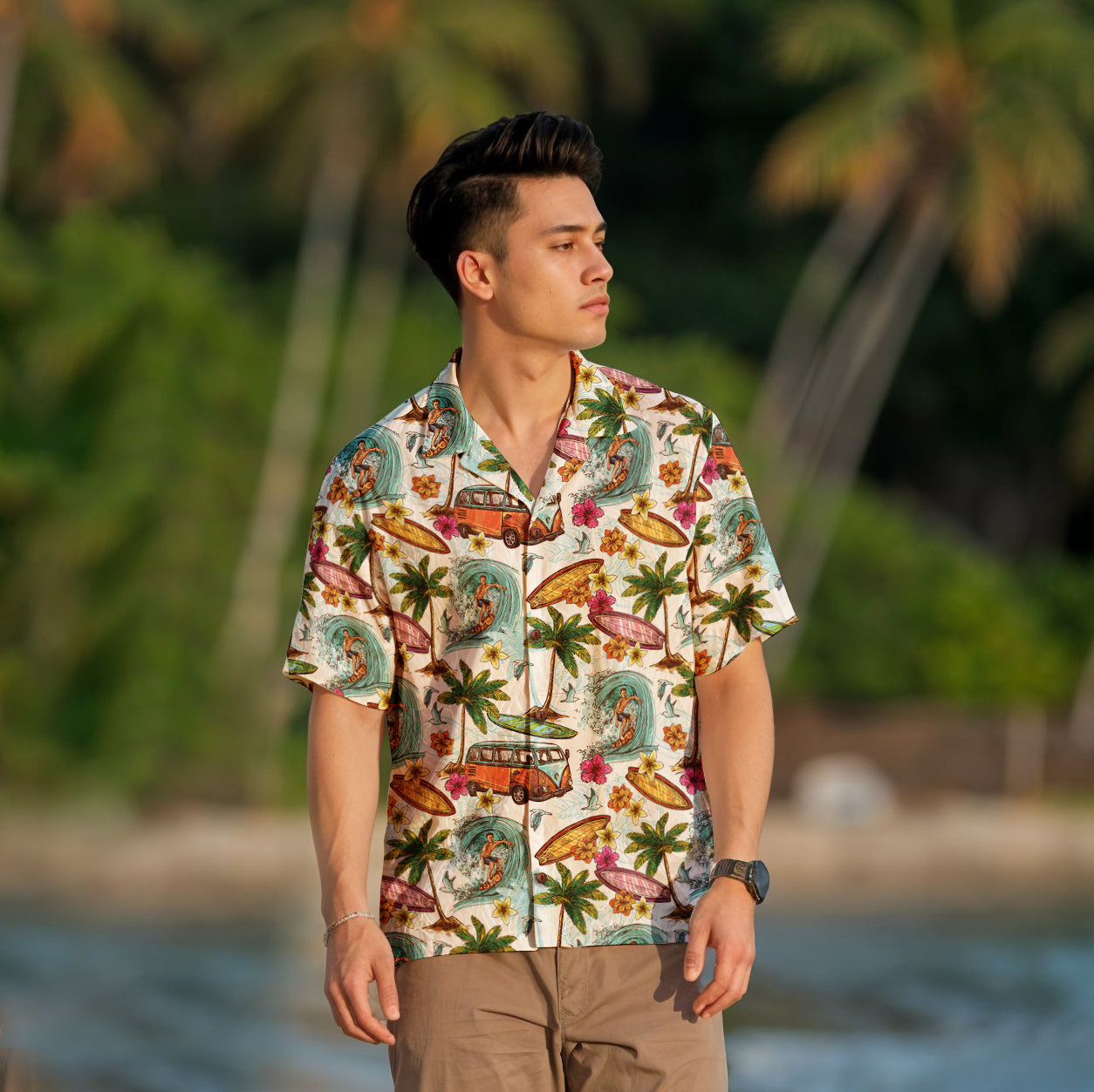 "Microbus and Surfboards" Hawaiian Shirt - 100% Cotton