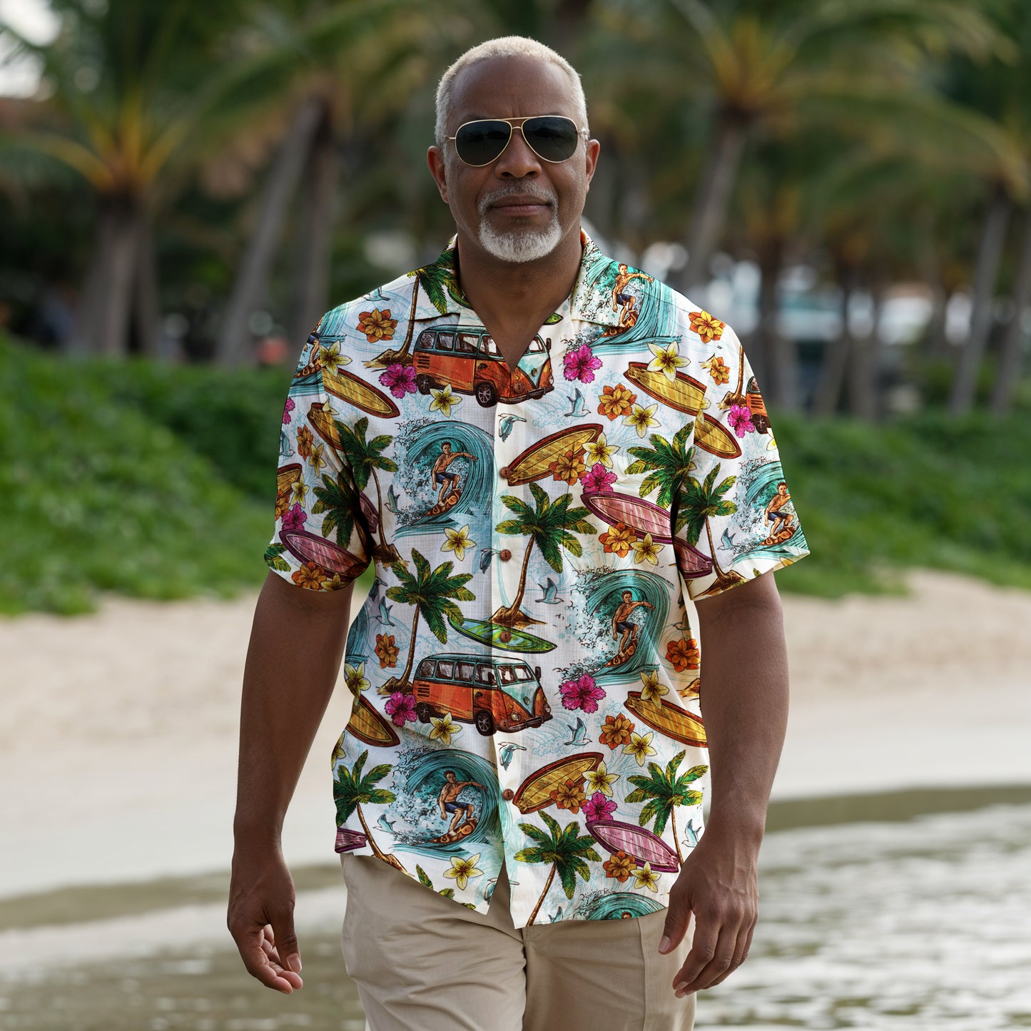 "Microbus and Surfboards" Hawaiian Shirt - 100% Cotton