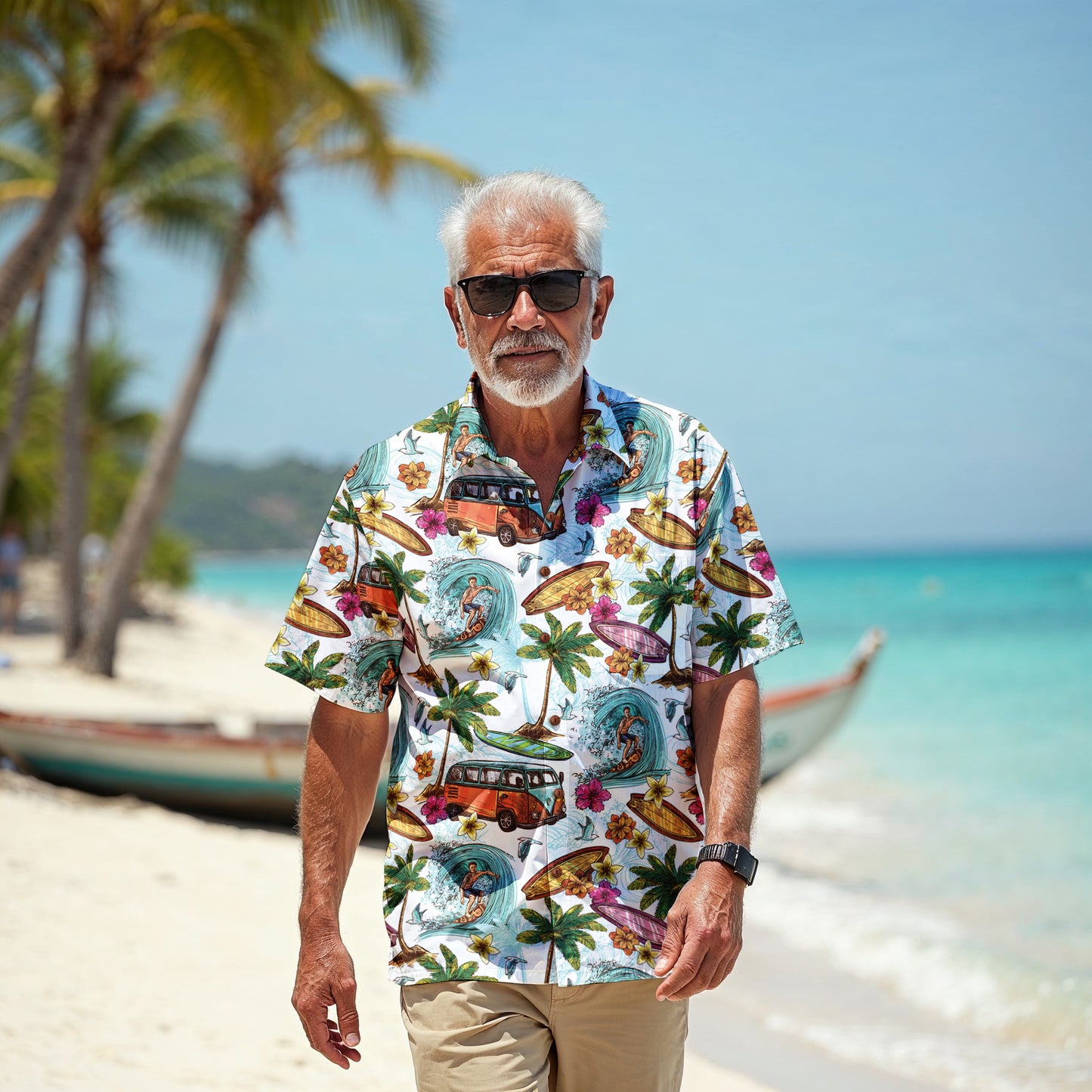 "Microbus and Surfboards" Hawaiian Shirt - 100% Cotton