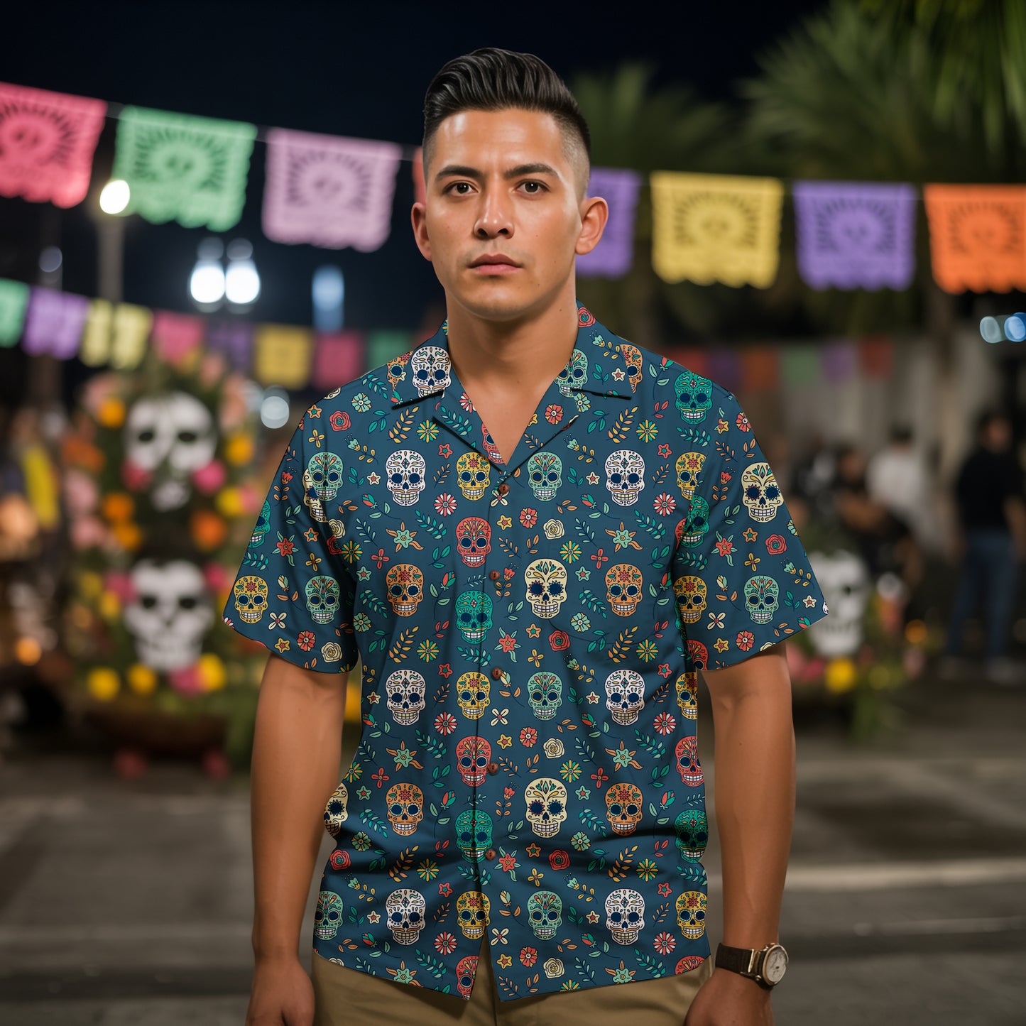 "Midnight Sugar Skulls" Cotton Celebration Shirt