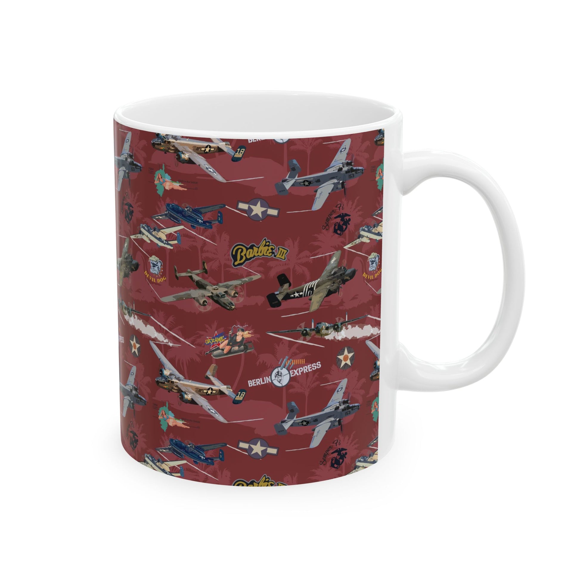B-25 bomber-themed red ceramic mug with a sleek design, available in 11oz and 15oz sizes, microwave and dishwasher safe.