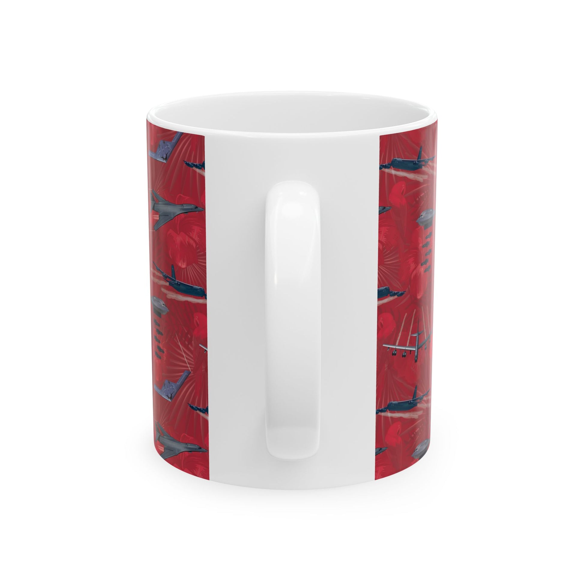 Red ceramic mug with a design celebrating the legacy of the B-17 Flying Fortress, ideal for collectors, available in 11oz and 15oz sizes.