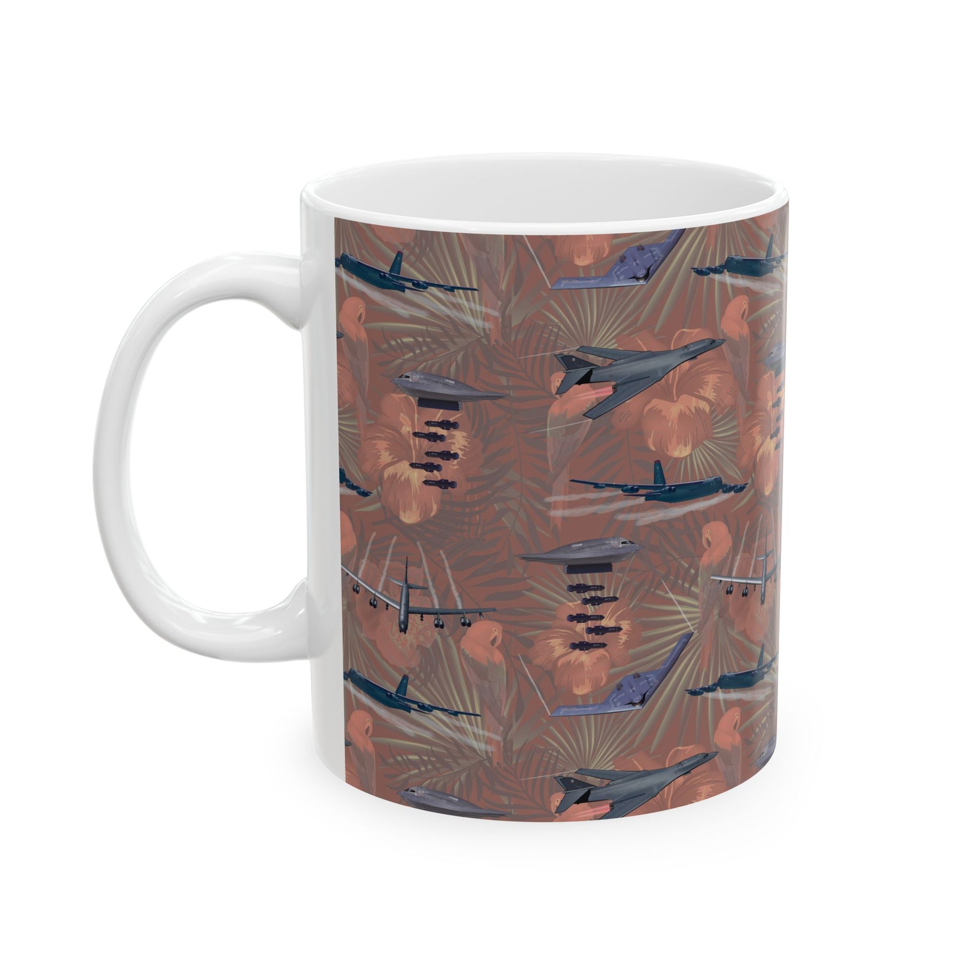 Red ceramic mug featuring a tribute to the B-17 Flying Fortress, available in 11oz and 15oz sizes, perfect for collectors and aviation lovers.