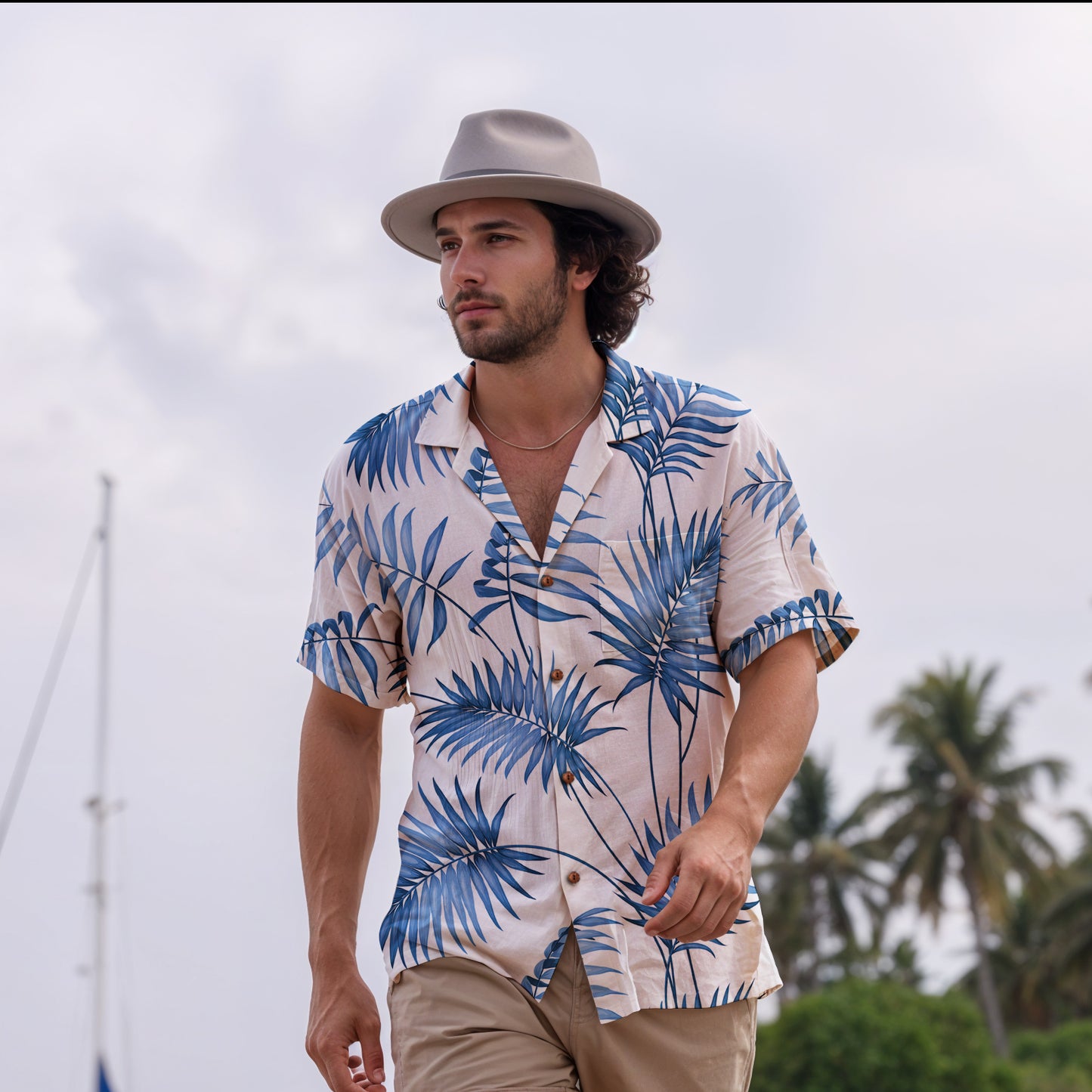 "Sapphire Palm Serenity" Hawaiian Shirt - 100% Cotton